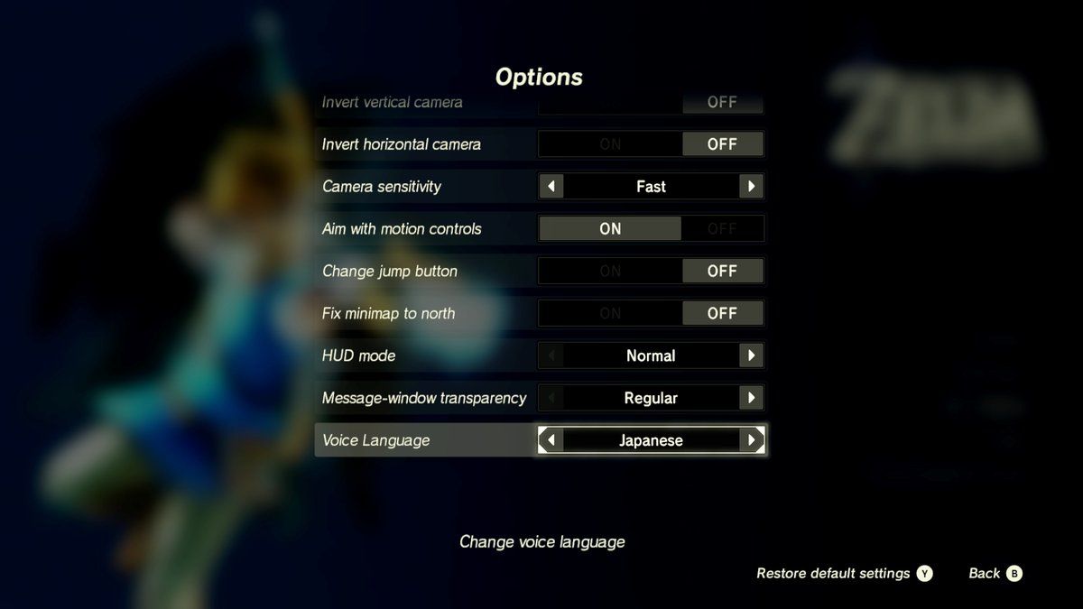 Motion Control menu in Zelda Breath of The Wild