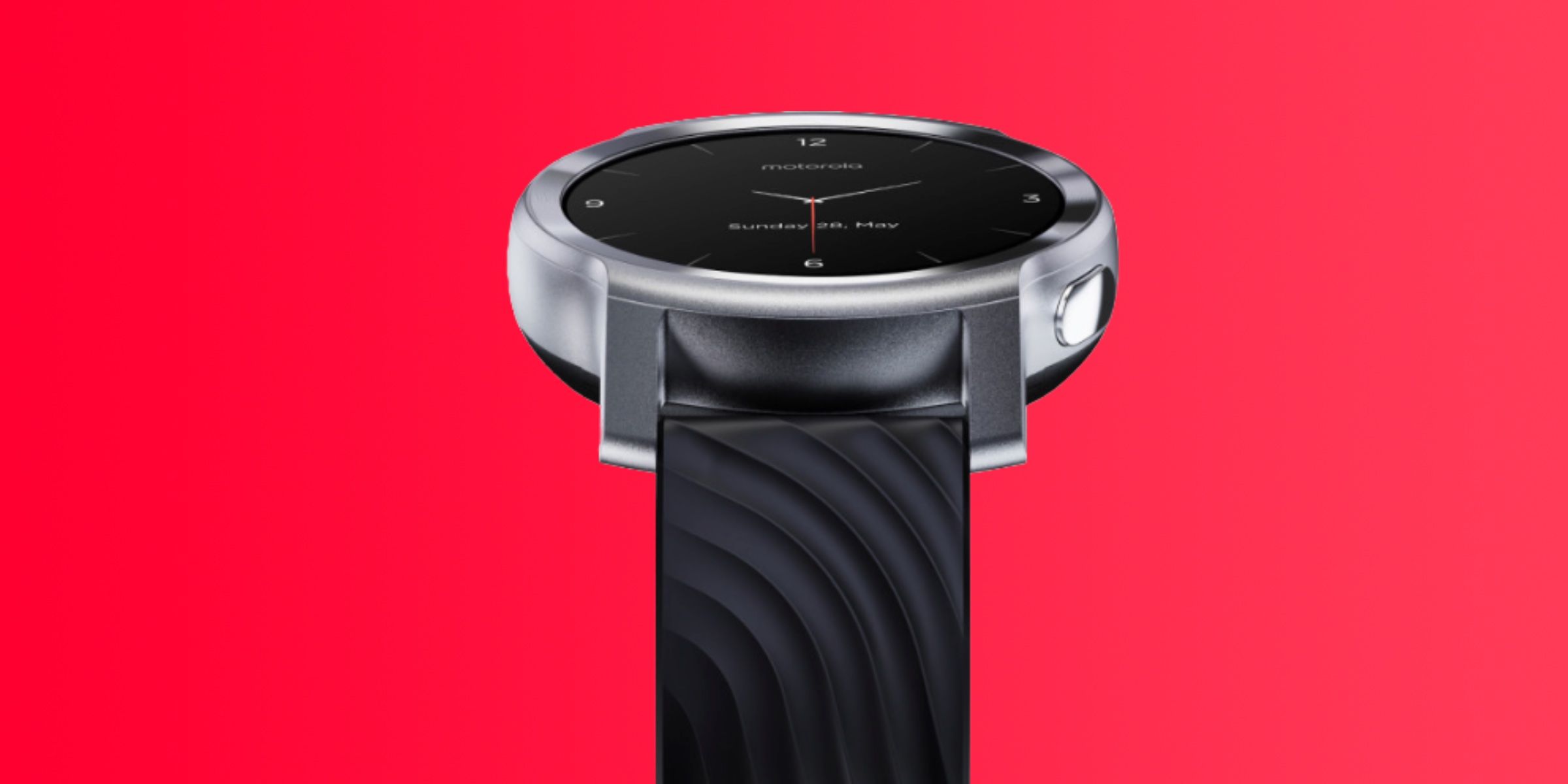 The Moto Watch 100 smartwatch against a red gradient background.