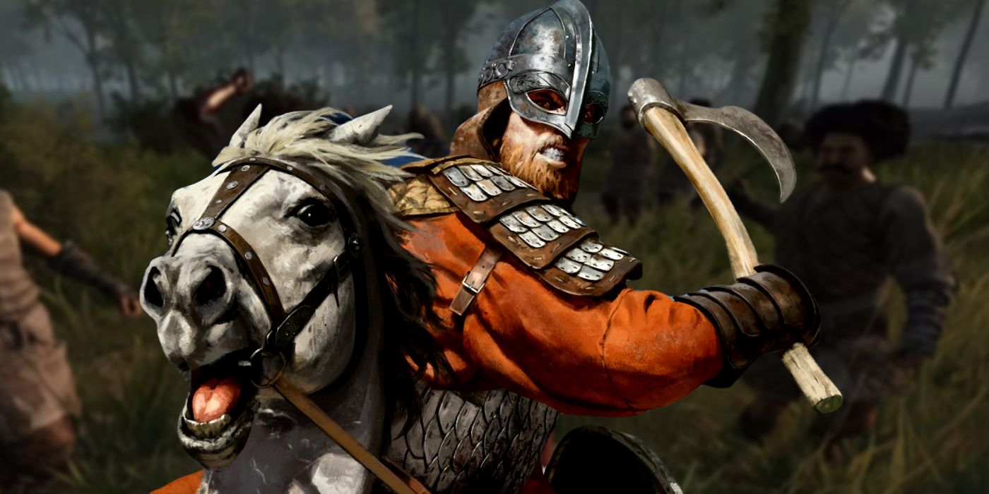 Artwork of a man on a horse wielding an ax in Mount and Blade 2: Bannerlord over a blurred in-game screenshot of a group of people