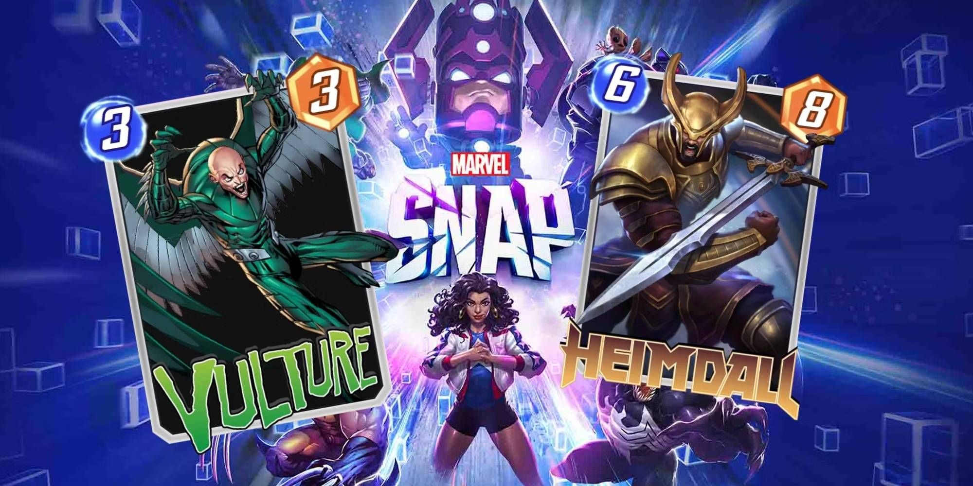 Marvel Snap Vulture and Heimdall Variant Cards on Main Game Cover Art Image Background with Energy and Power Values Displayed