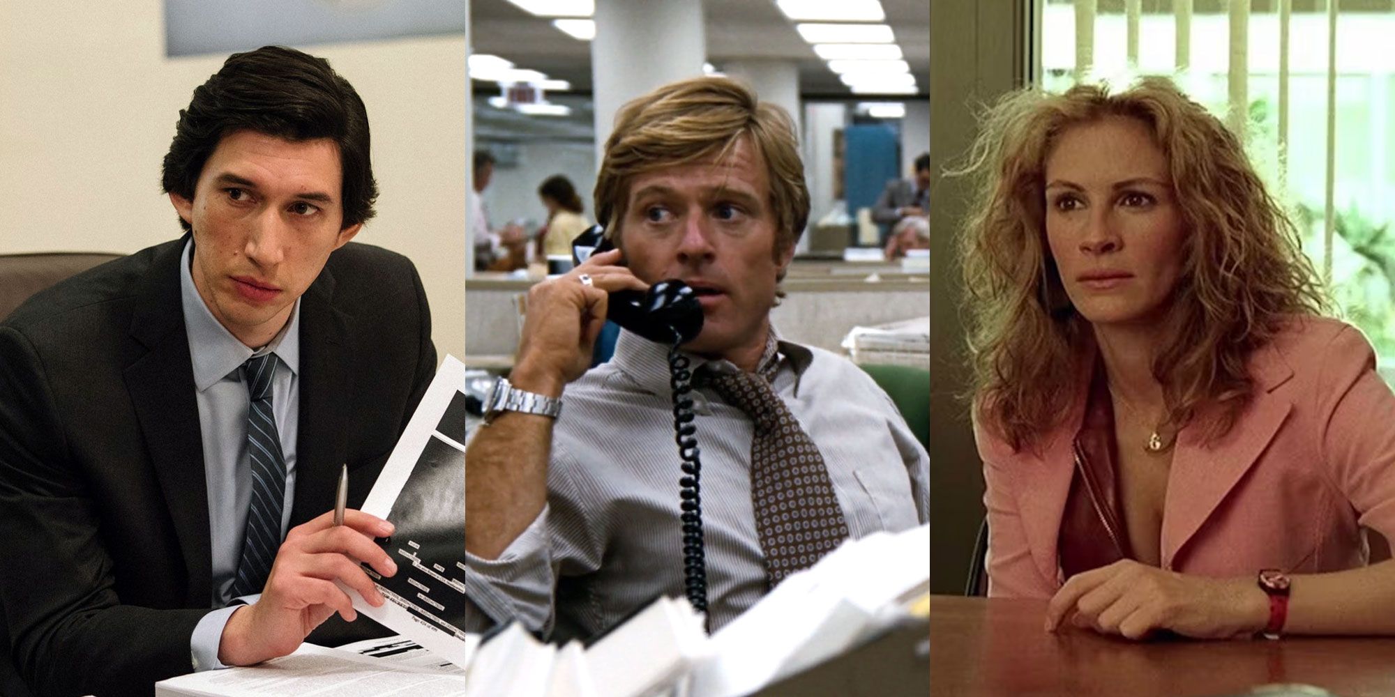 Split image of The Report, All the President's Men and Erin Brockovich