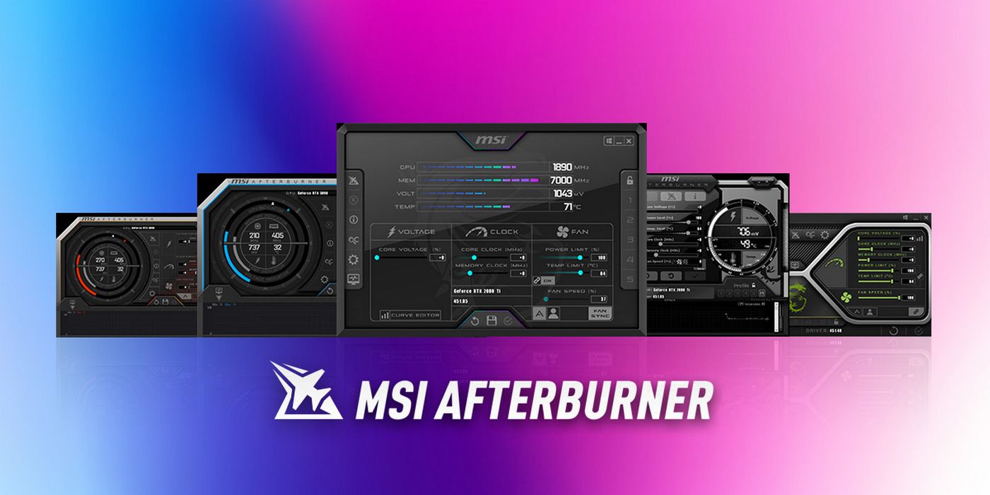 MSI Afterburner screenshots on pink and blue gradient background
