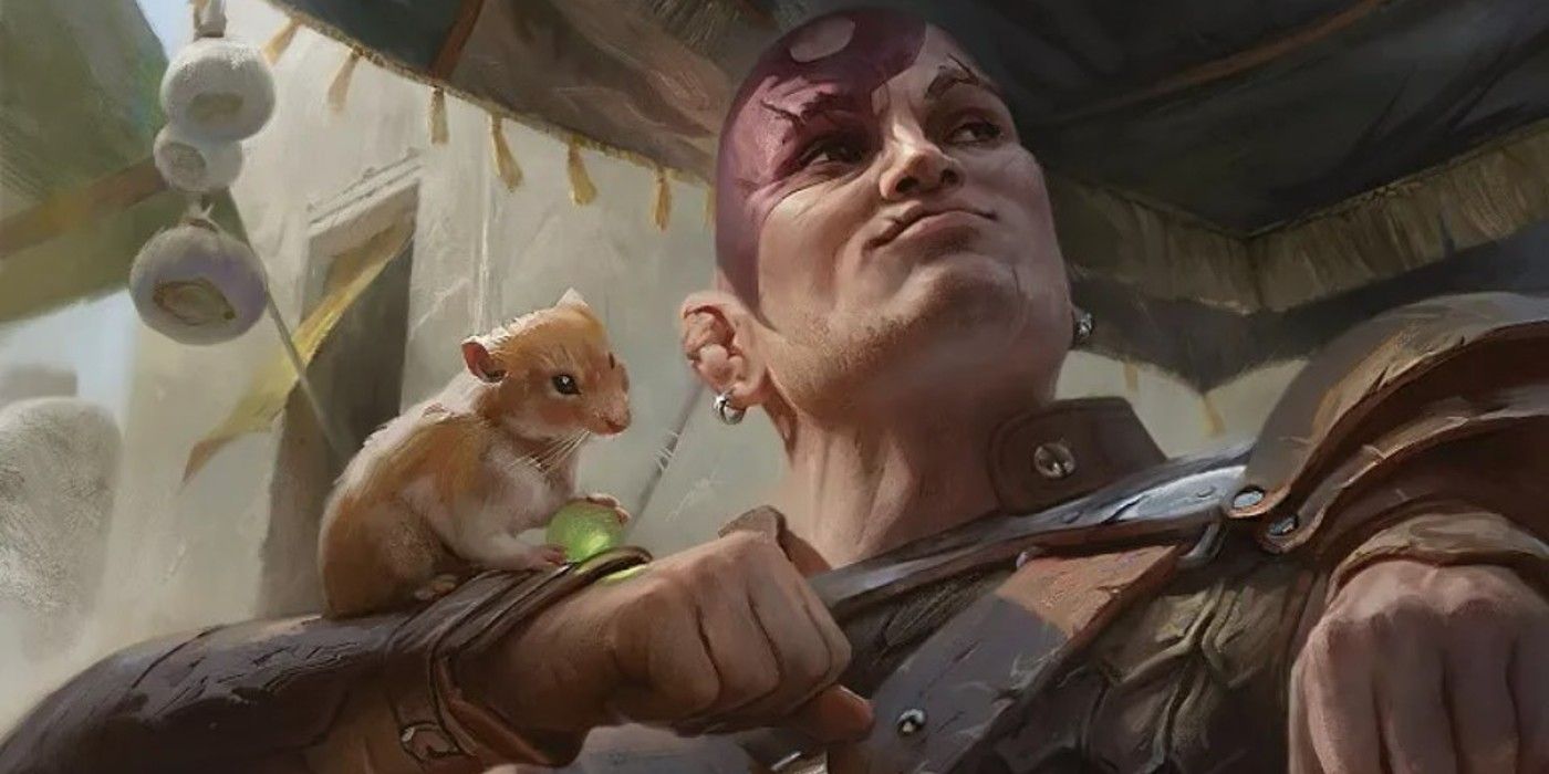 Magic: The Gathering art of Minsc and Boo, where Minsc is standing with an arm upraised to hold Boo, his miniature giant space hamster companion.