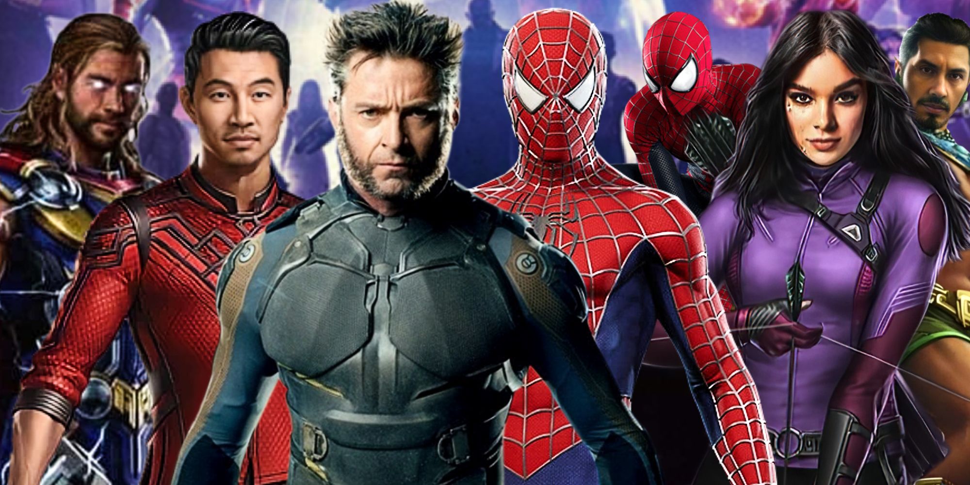 Thor (Chris Hemsworth), Shang-Chi (Simu Liu), Wolverine (Hugh Jackman), Spider-Man (Tobey Maguire), Spider-Man (Andrew Garfield), Kate Bishop (Hailee Steinfeld), and Namor (Tenoch Huerta) line up Prepare for the final battle of secret wars