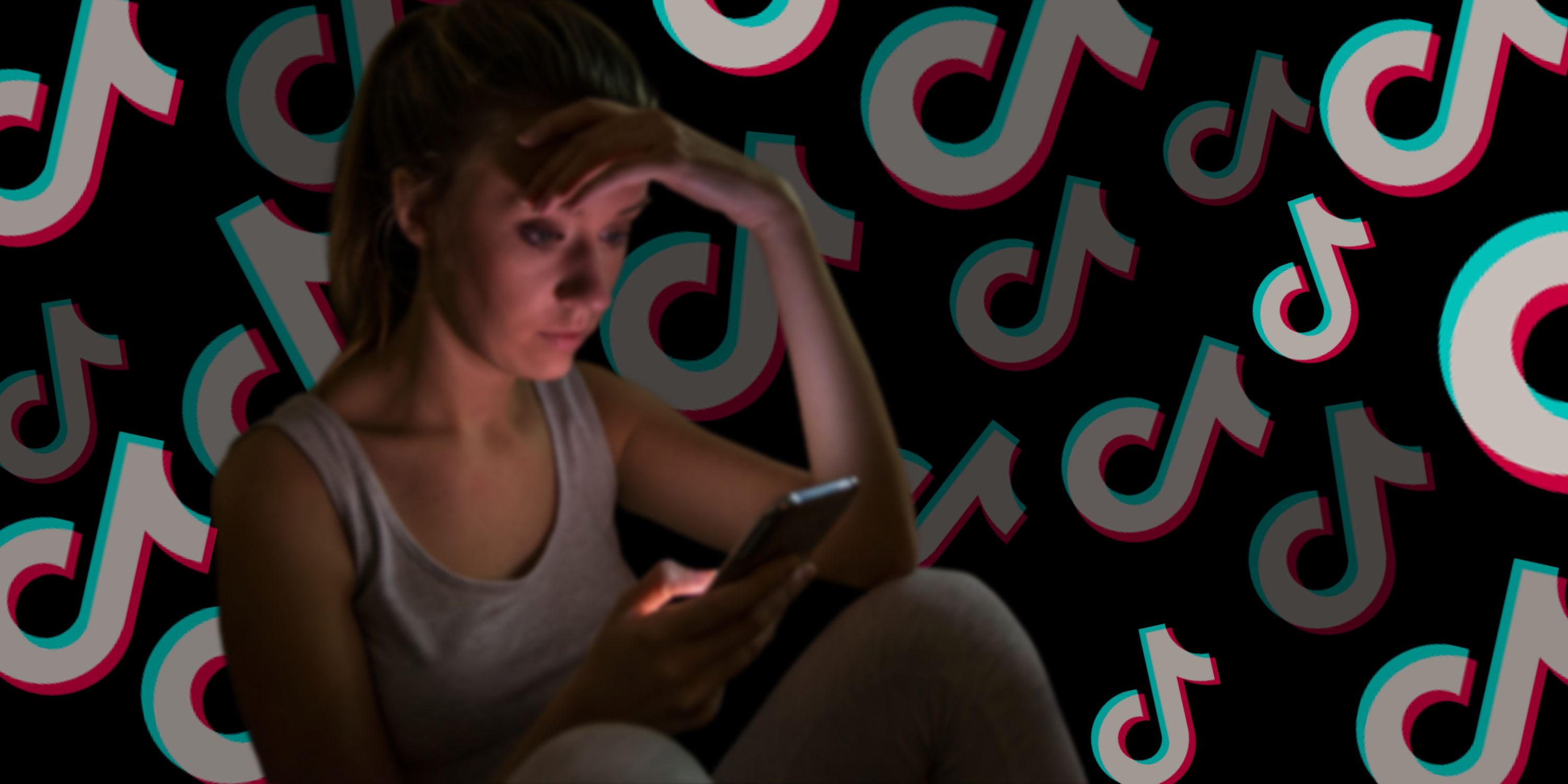 A stock image of a girl looking down at her phone is overlaid on a black background featuring repeating TikTok logos