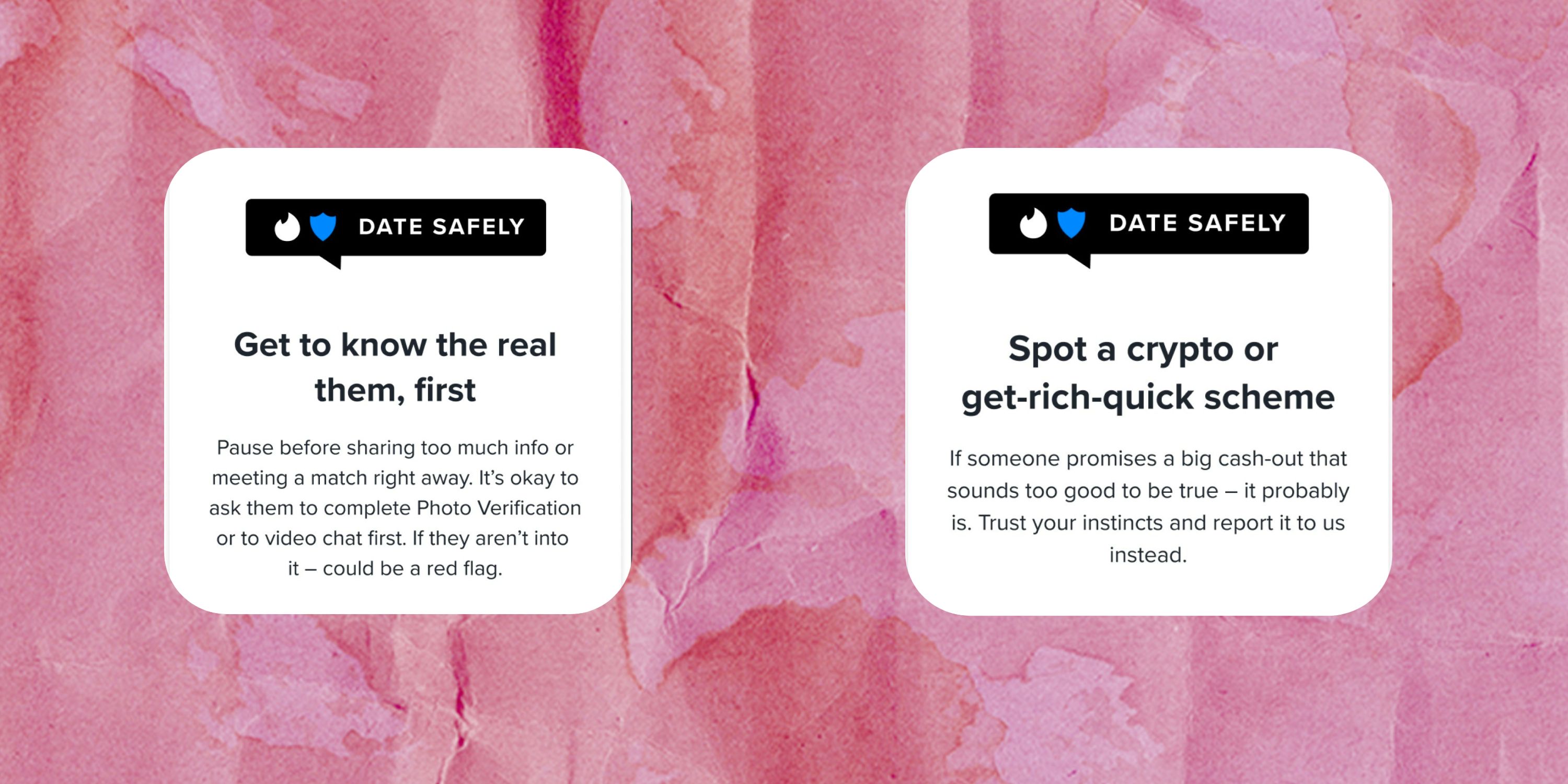 Two blurbs from Match Group's date safely tips on a pink backgroud