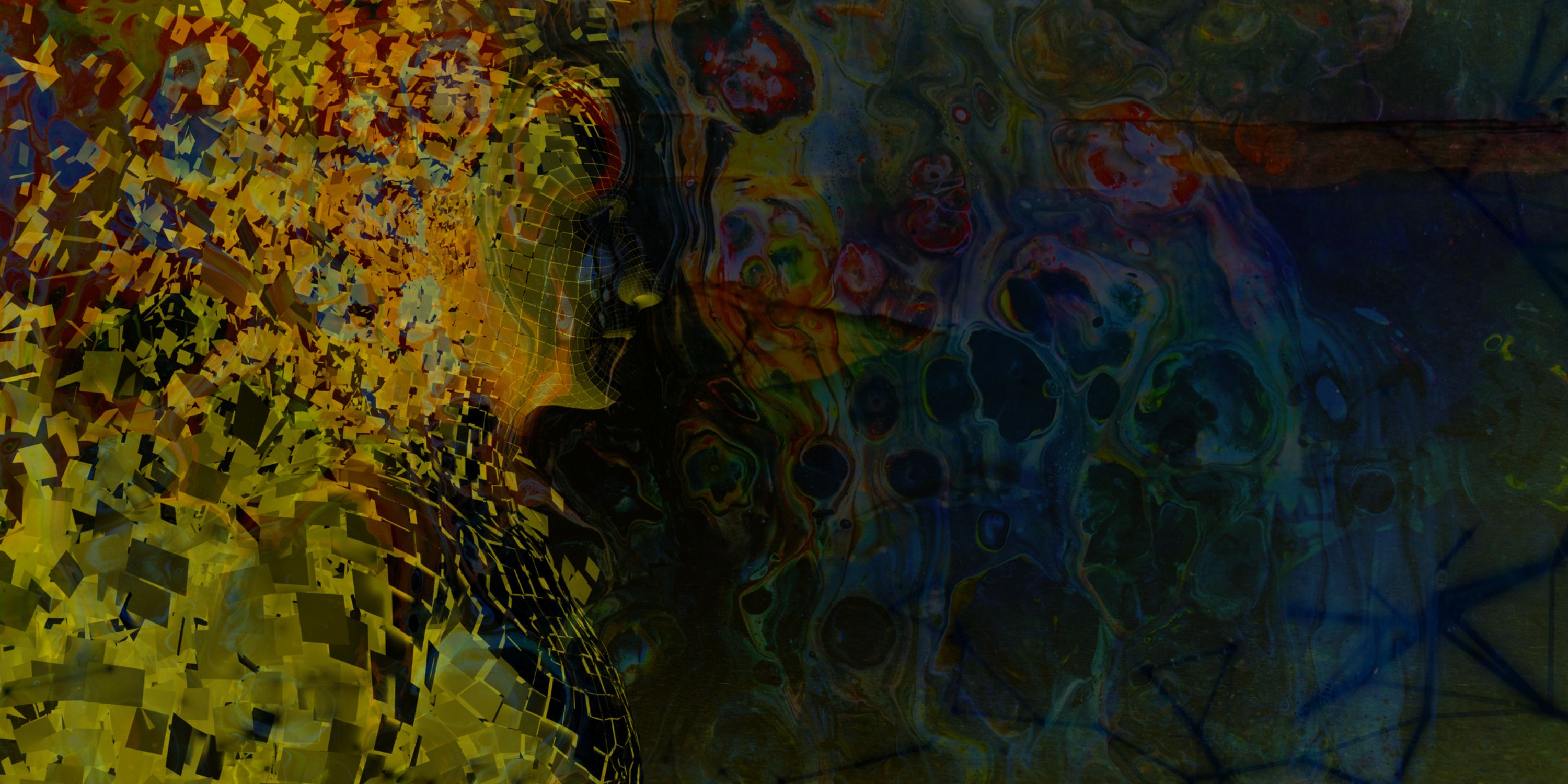 A colorful graphic of a person dissolves into pixels, over a swirling paint background