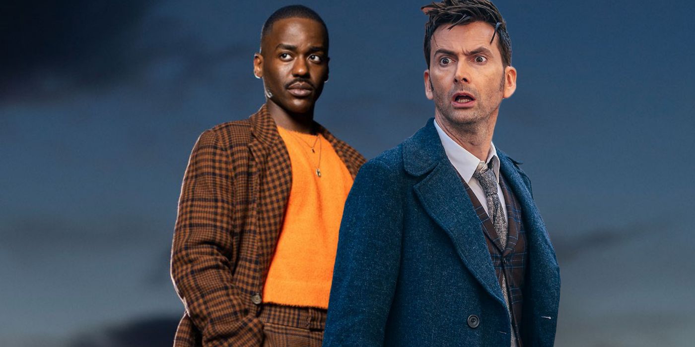 Blended image of the Fifteenth Doctor staring in promo while Fourteenth Doctor looks shocked in Doctor Who