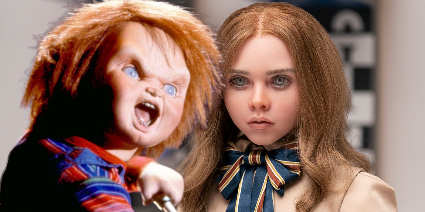 Blended image of a screaming Chucky and a wondering M3GAN side by side