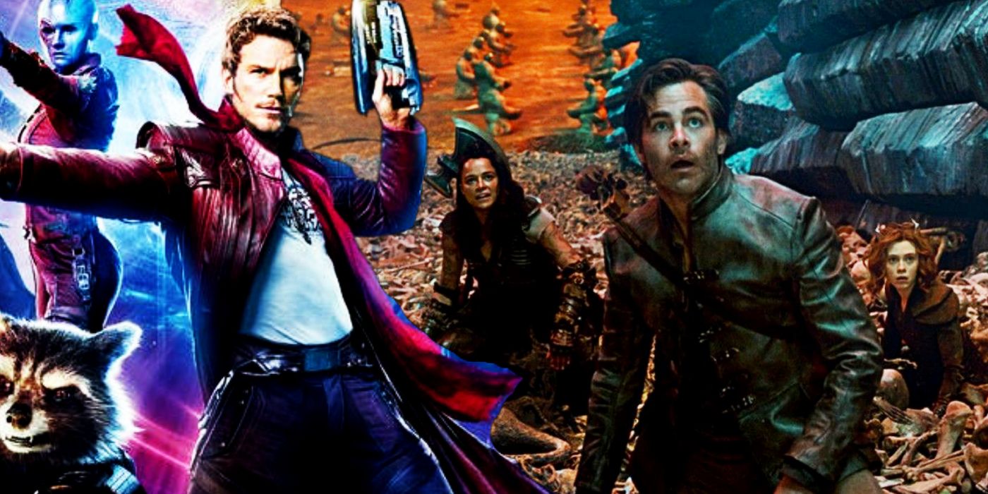 Blended image of the Guardians posing in Vol. 1 and the thieves in Honor Among Thieves trapped in a cave