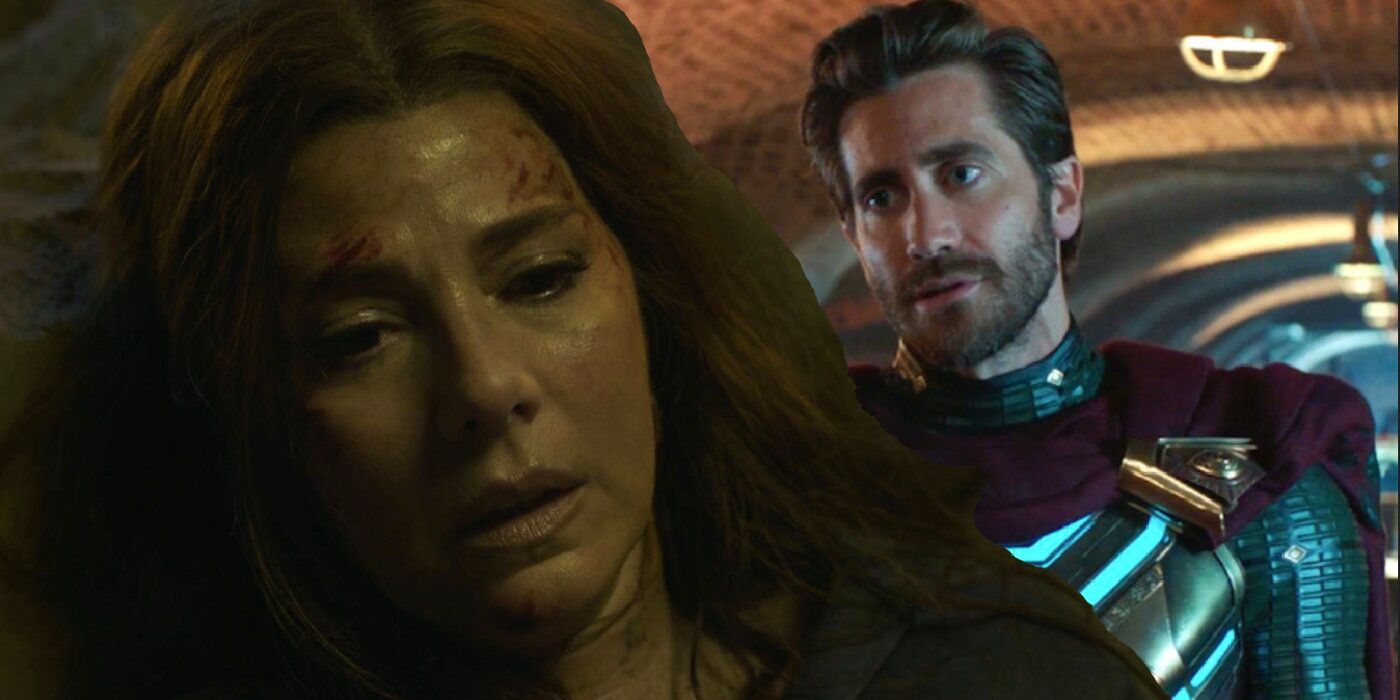A combined image of Aunt May dying in Spider-Man: No Way Home and Mysterio in Far From Home