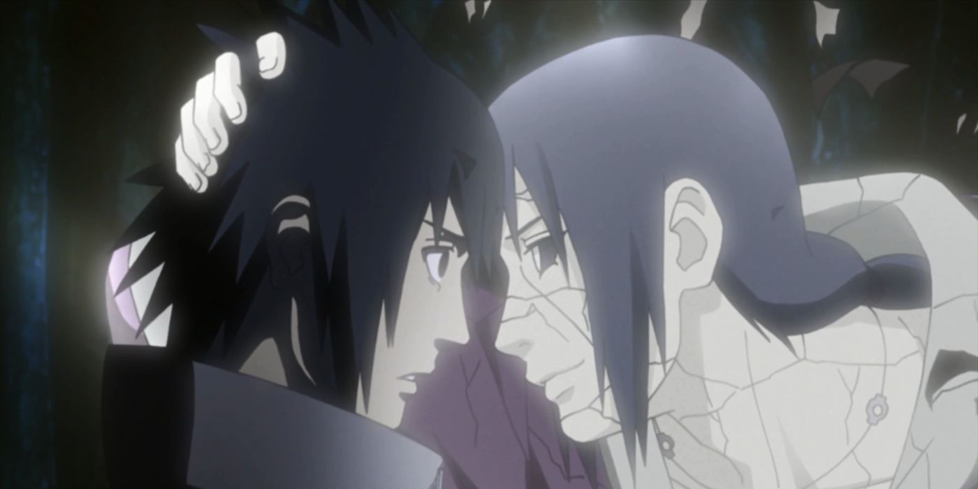 Sasuke and Itachi in Naruto, with Itachi holding his brother's head lovingly