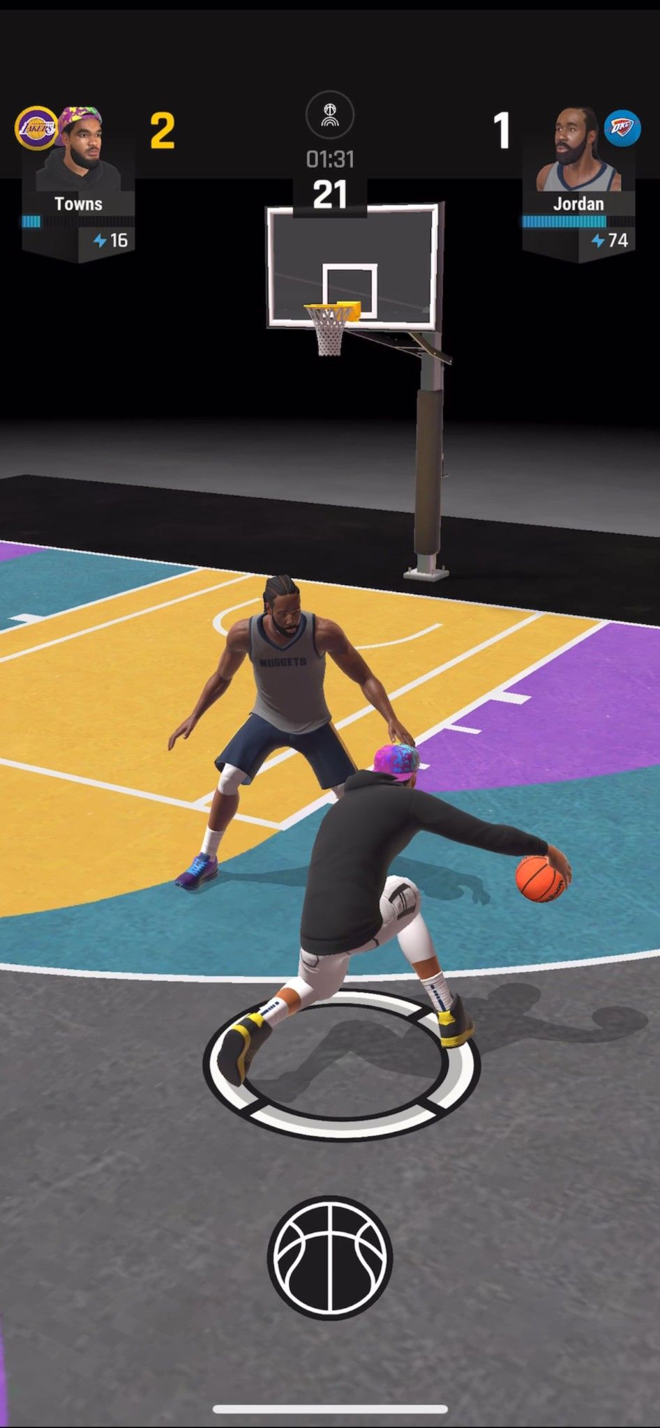NBA All World gameplay featuring two players on a court, one of whom dribbles the ball.