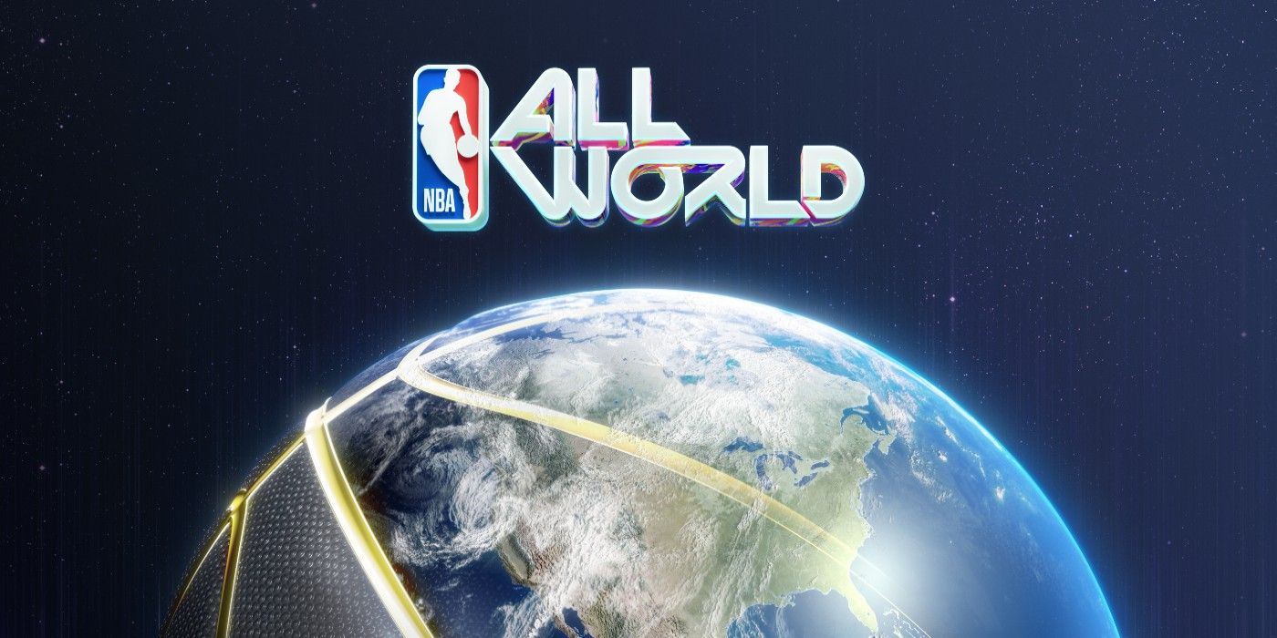 NBA All World Key Art menampilkan logo dan bola dunia bergaya seperti bola basket.