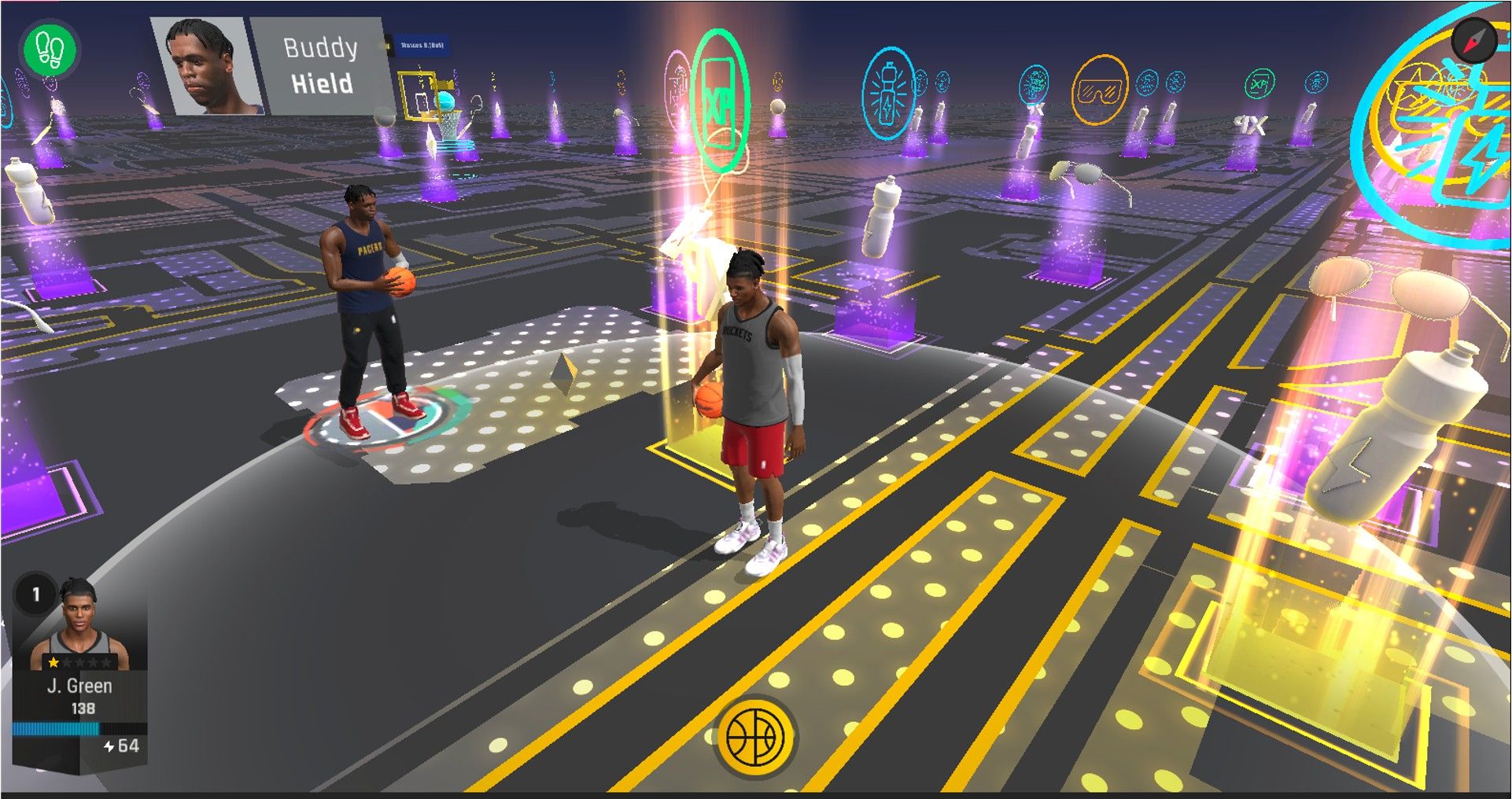 Mapa do jogo NBA All-World mostrando dois jogadores e várias Drop Zones.