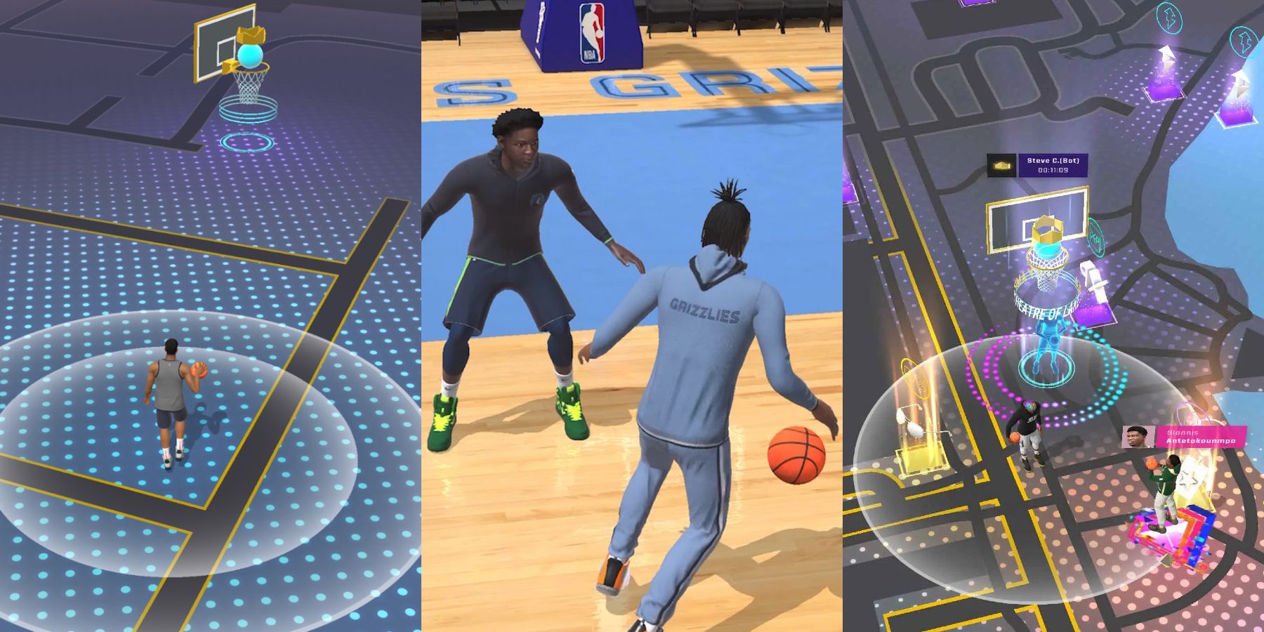 An image split into three vertical sections. Ja Morant dribbles a basketball in NBA All-World in the center, and is flanked by two images of the game's AR map on either side.