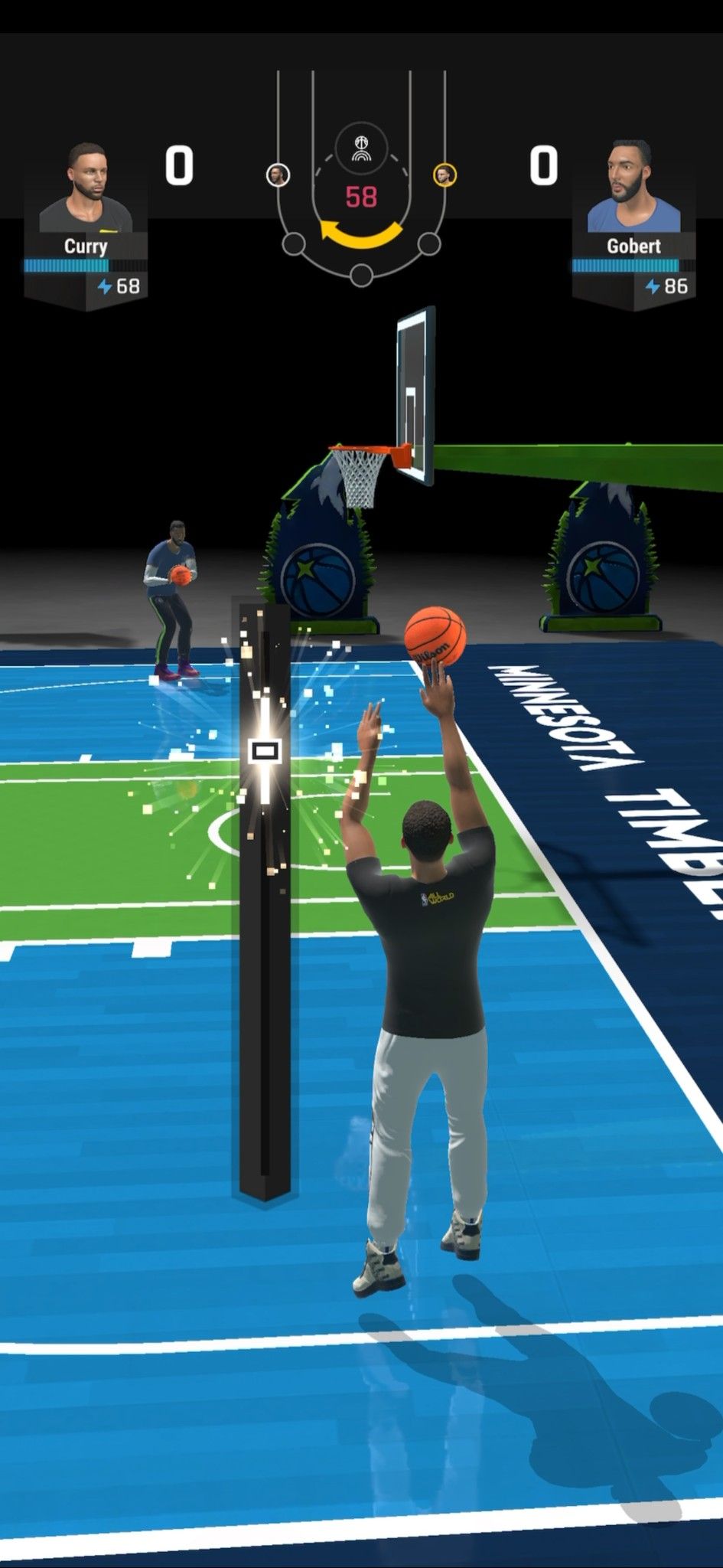 Jogador do NBA All-World arremessando uma bola de basquete, tendo cronometrado perfeitamente no medidor de arremessos.