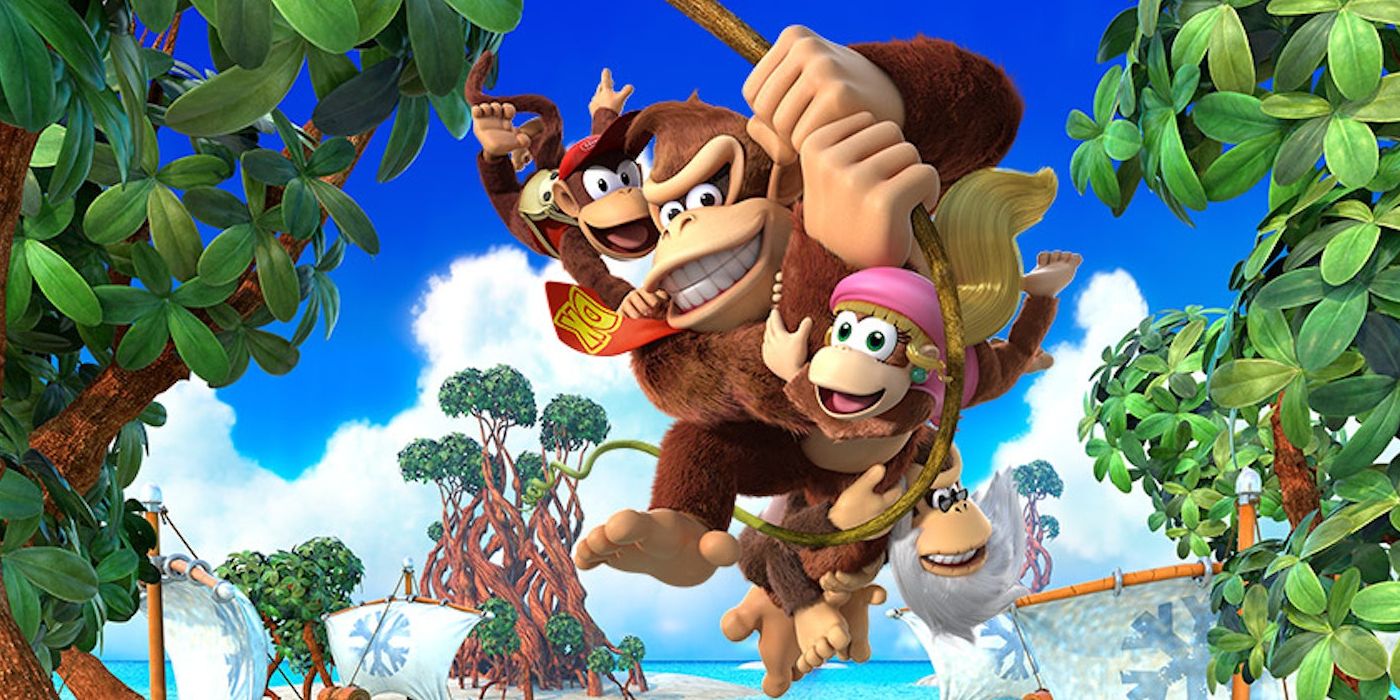 Cover art for Donkey Kong Country: Tropical Freeze, showing Donkey Kong, Diddy Kong, and Dixie Kong swinging on a vine against a lush backdrop.