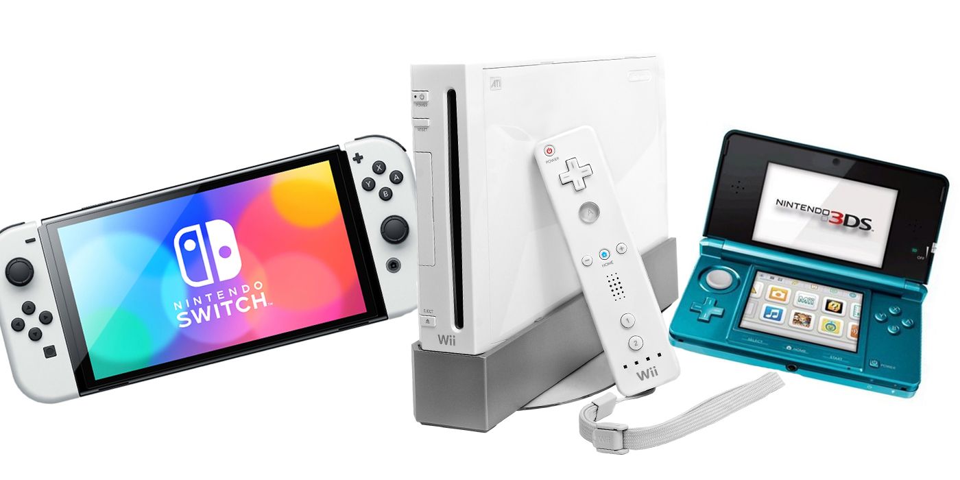 Nintendo's Switch, Wii, and 3DS consoles lined up 