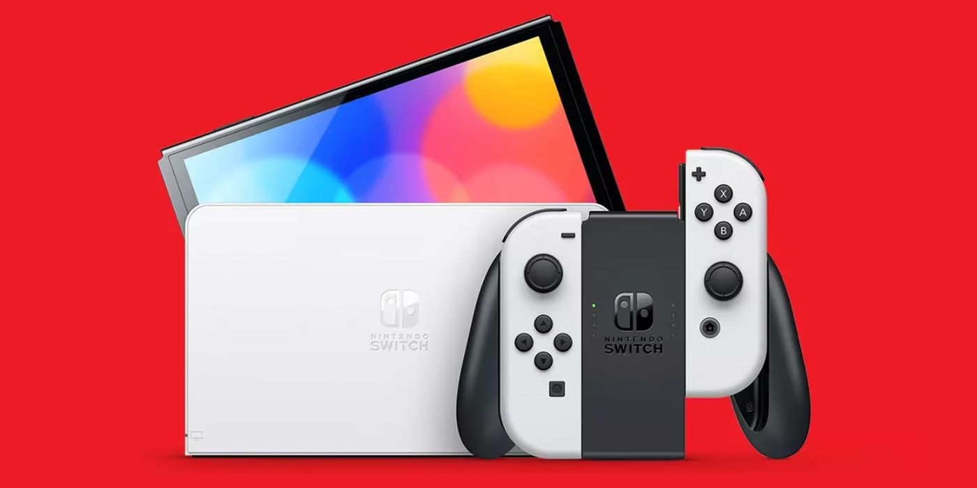 Image of Nintendo Switch OLED and controller in front of a red background.