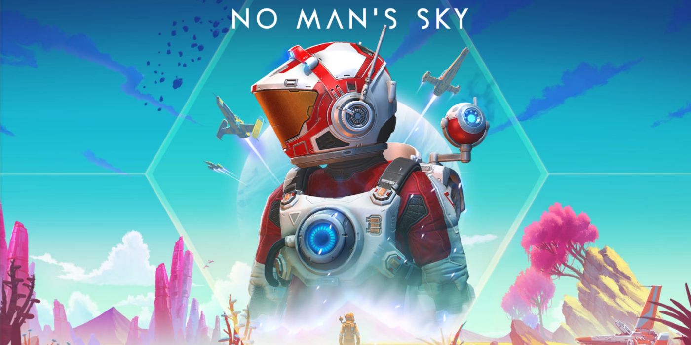 No Man's Sky promo art featuring an astronaut exploring a vast alien planet.