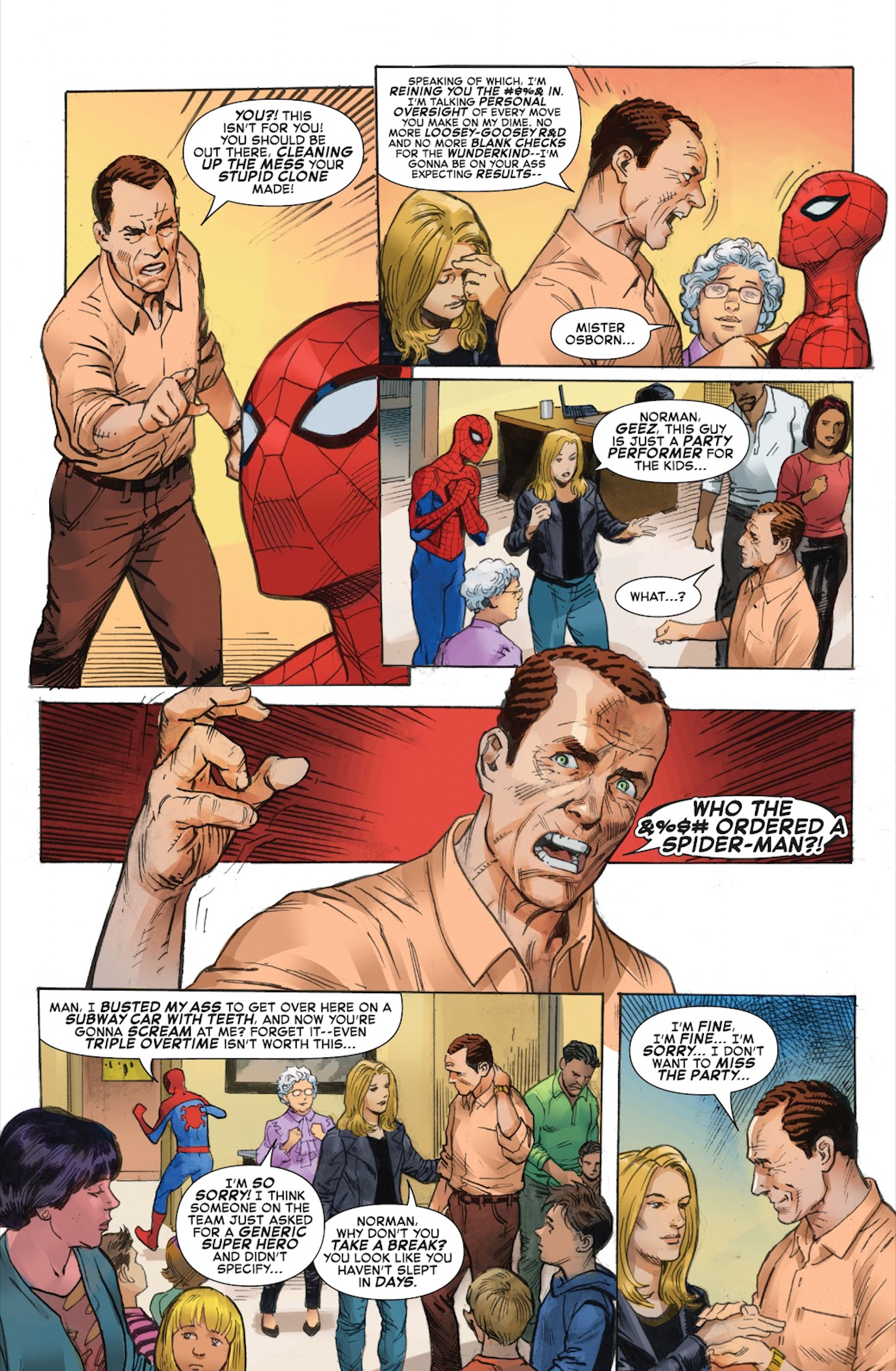 Norman Osborn yells at a birthday party Spider-Man