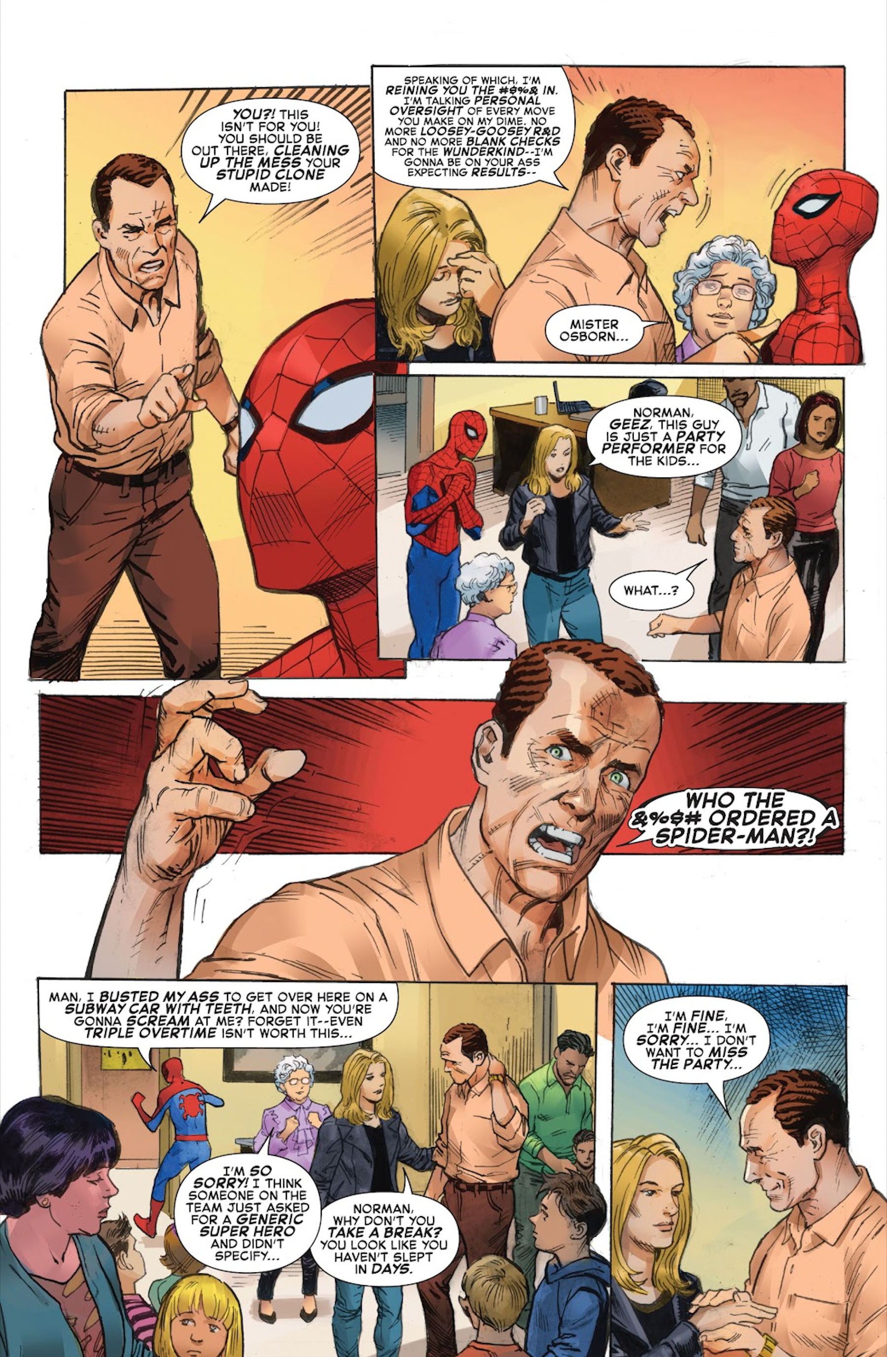 Norman Osborn grita em uma festa de aniversário do Homem-Aranha