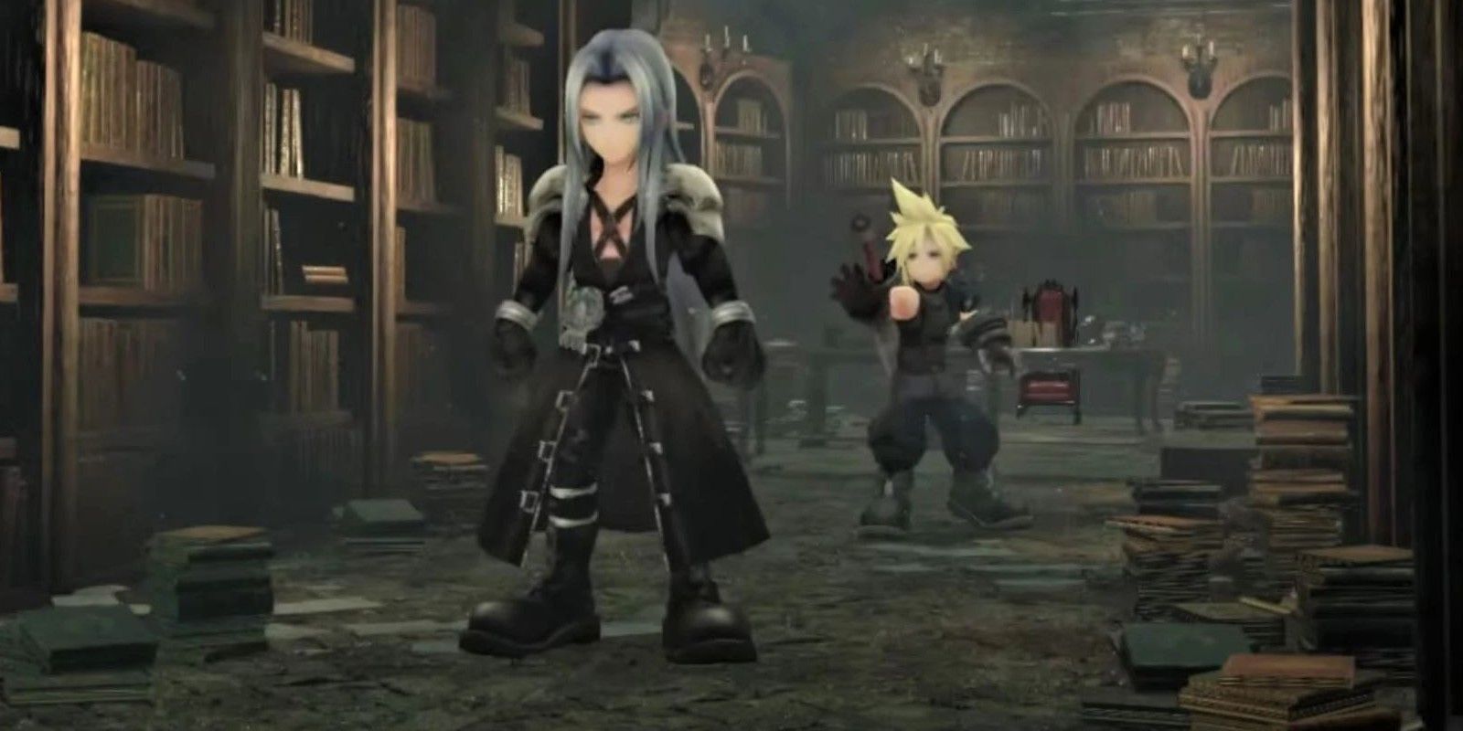 Screen shot of Cloud and Sephiroth at the Shinra mansion in Ever Crisis, an FF7 remake compilation for mobile devices.