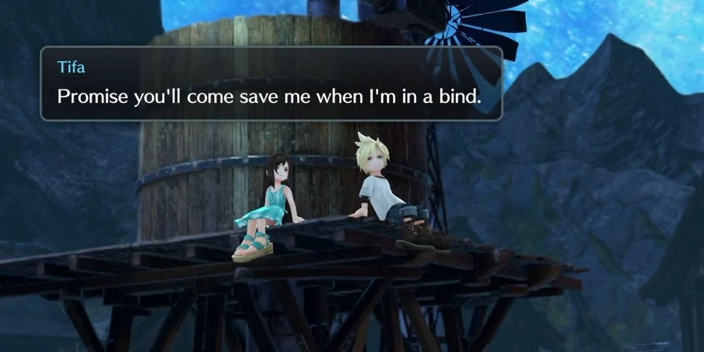 Screen shot of Cloud and Tifa as children in Nibelheim in Ever Crisis, an FF7 remake compilation for mobile devices.
