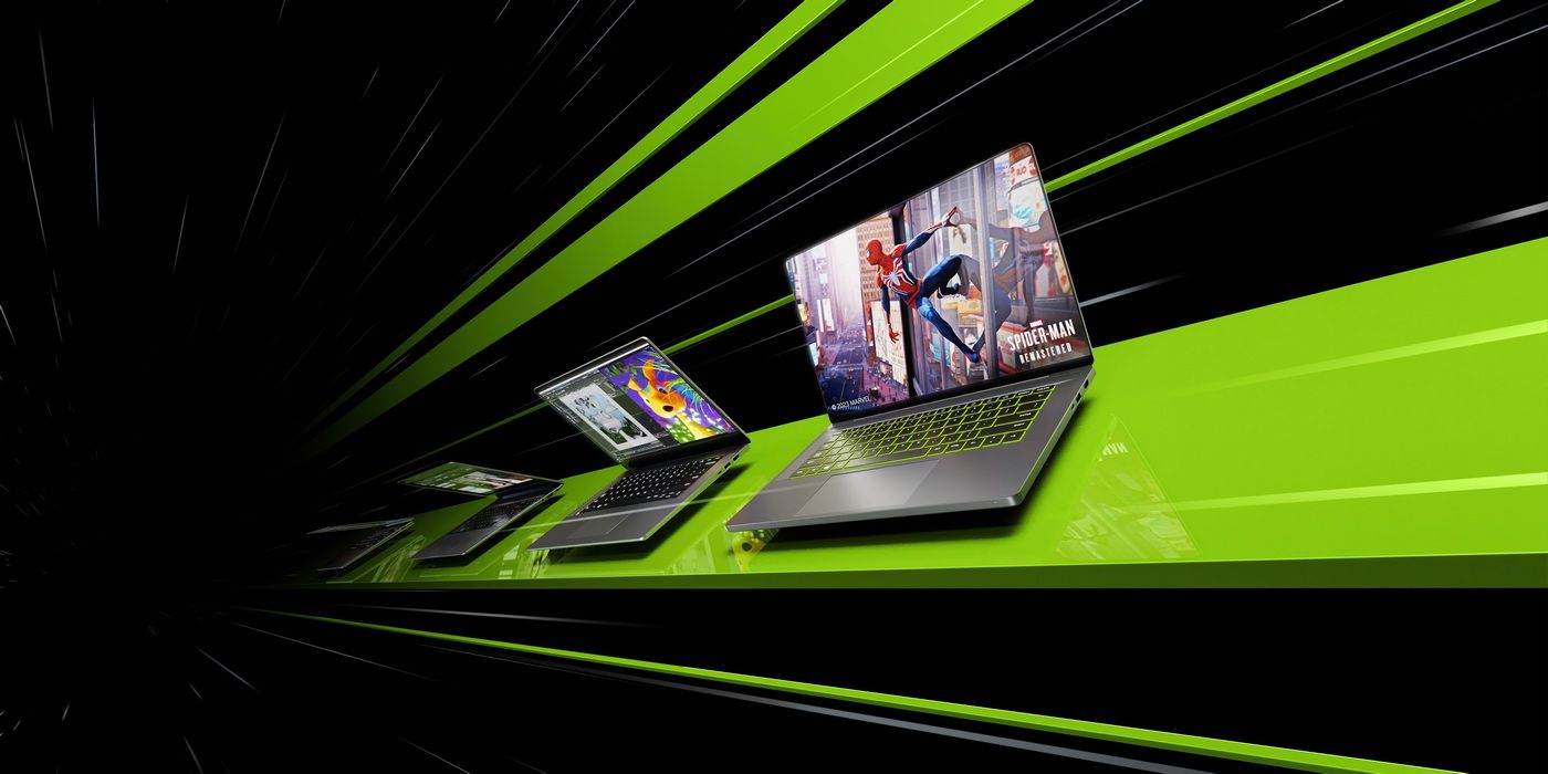 Four gaming laptops on a green and black NVIDIA background