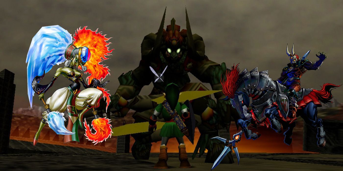 An image of link facing Ganon with an overlaid image of Phantom Ganon and Twinrova from Ocarina of Time.