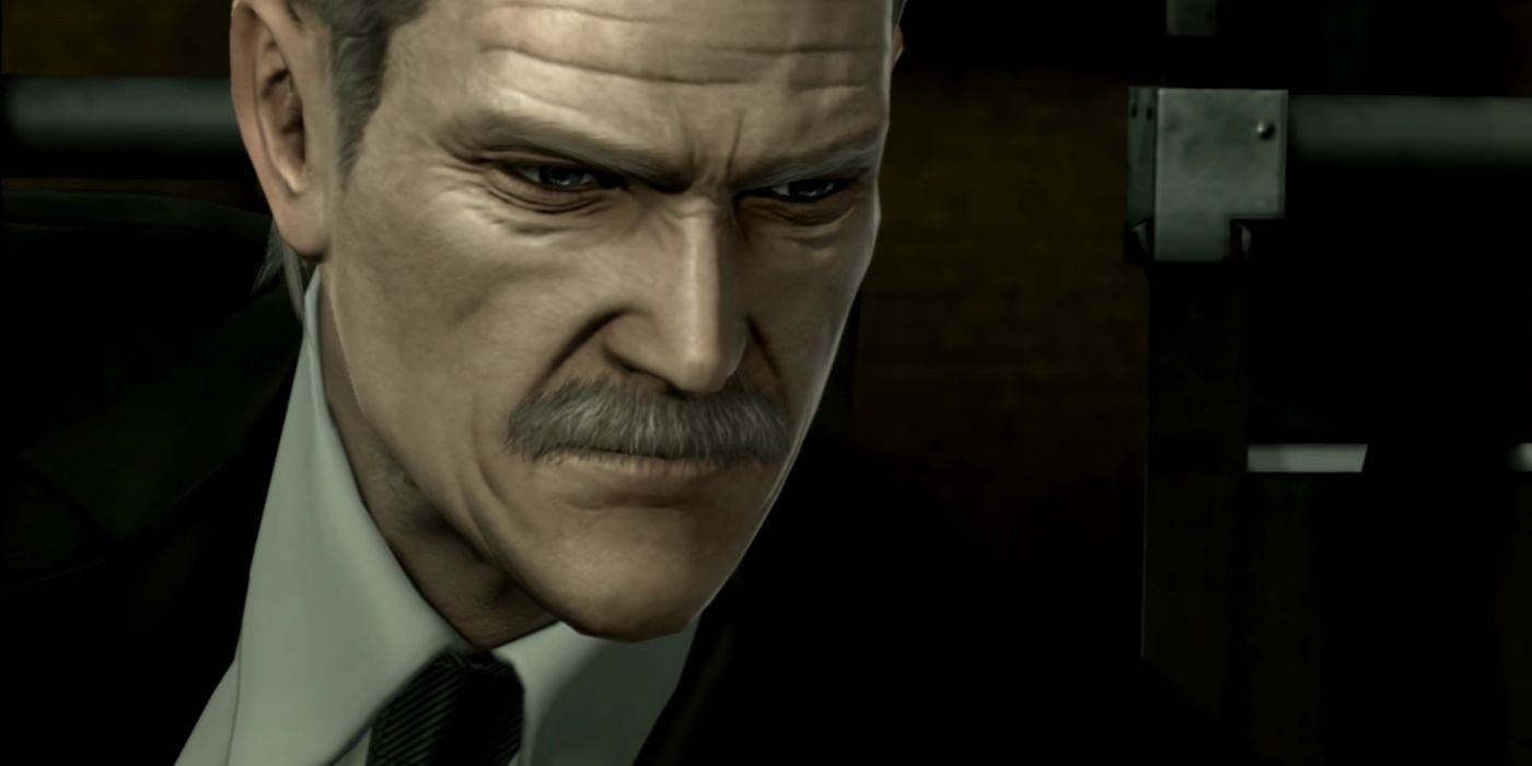 Old Snake frowning while receiving a mission brief in the opening of Metal Gear Solid 4