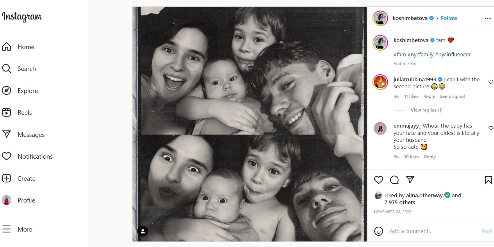 Olga Koshimbetova noivo de 90 dias sorrindo com Steven e seus dois filhos em um post dividido em preto e branco no IG