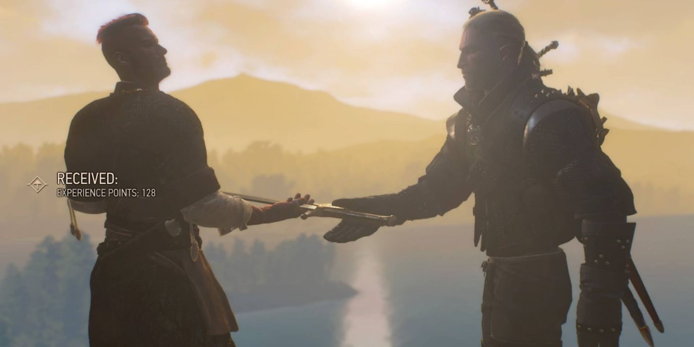 Olgierd recompensando Geralt com sua Iris Steel Sword no DLC Hearts of Stone.