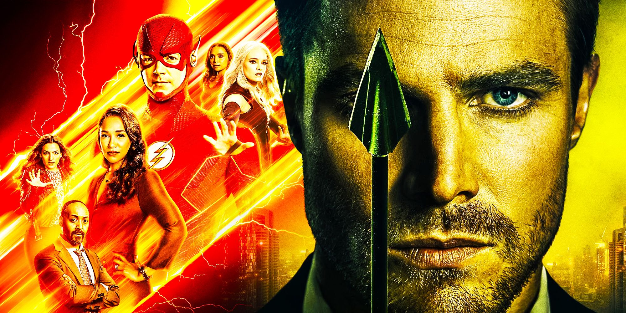 Image mélangée de Green Arrow avec une flèche et une image promotionnelle de The Flash moulée en rouge teinté