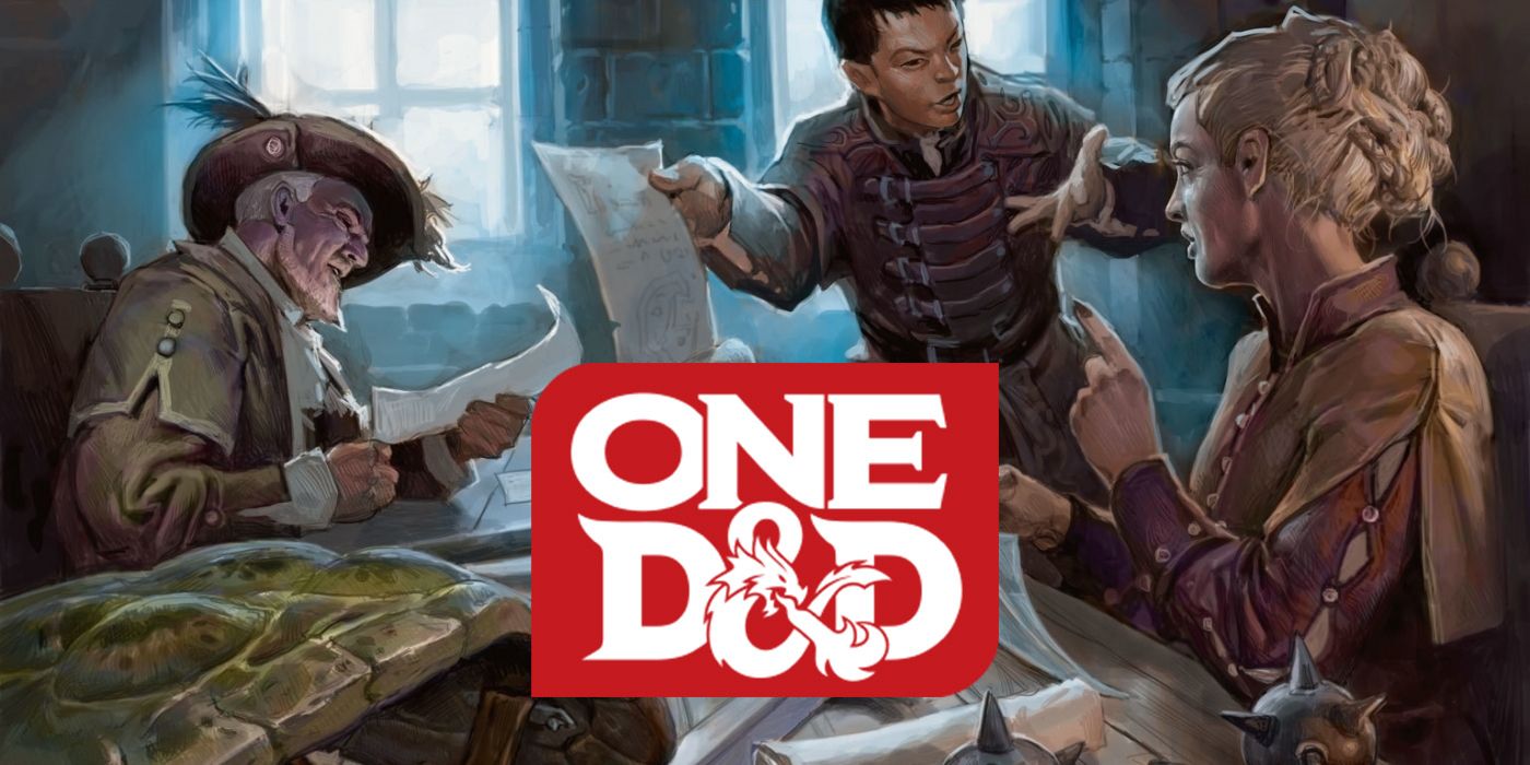 A D&D logo superimposed on an image of Saltmarsh characters discussing papers.