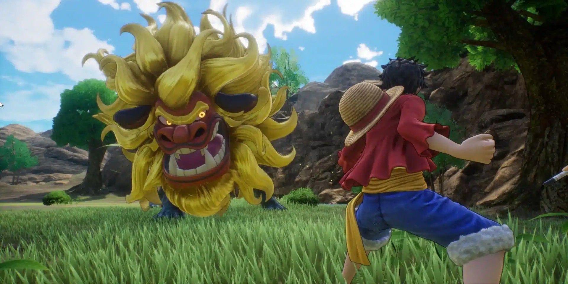 One Piece Odyssey's Luffy encountering a large lion-like monster.