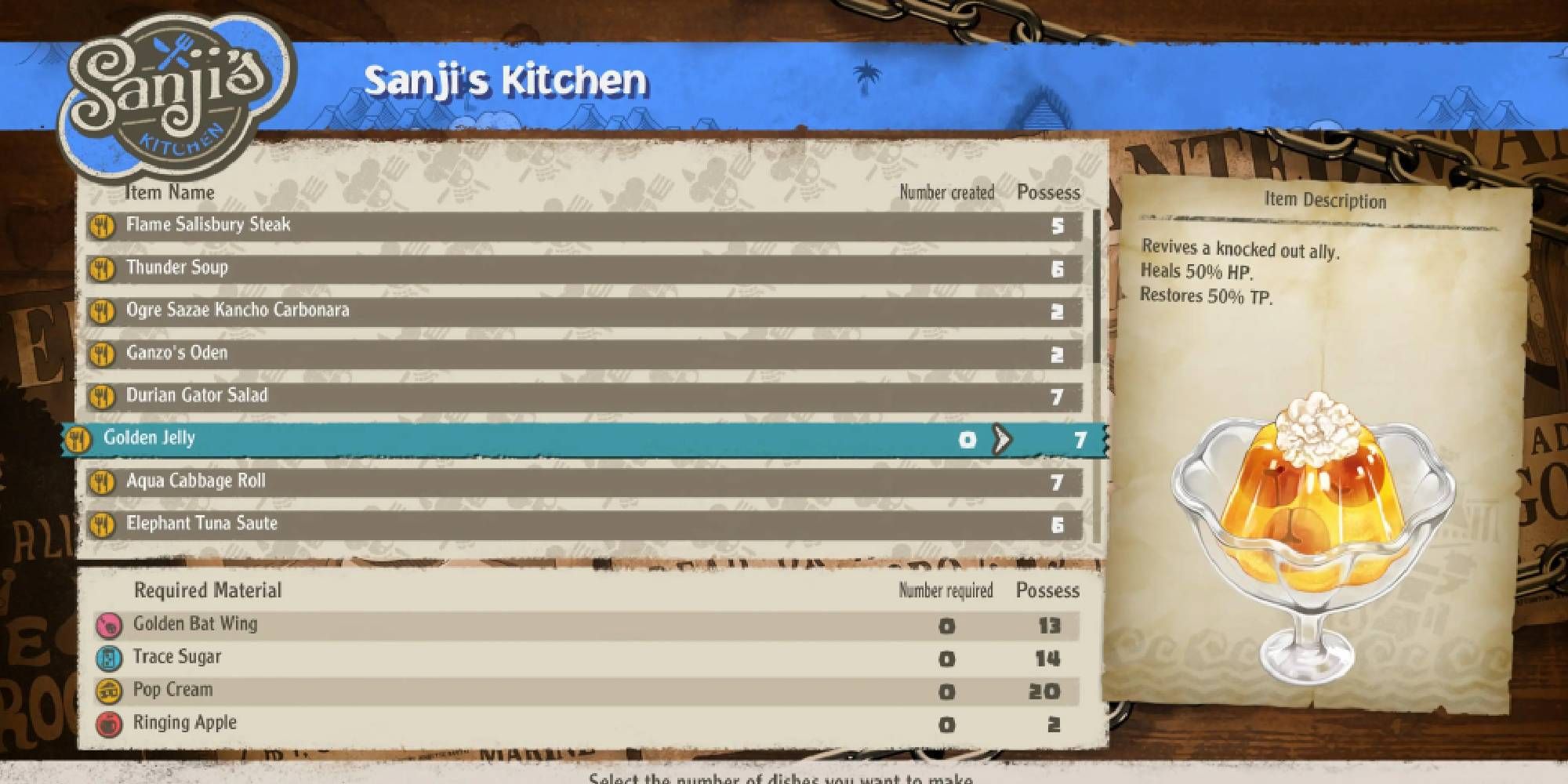 One Piece Odyssey Sanji's kitchen menu with food recipes that players can make by finding the right ingredients