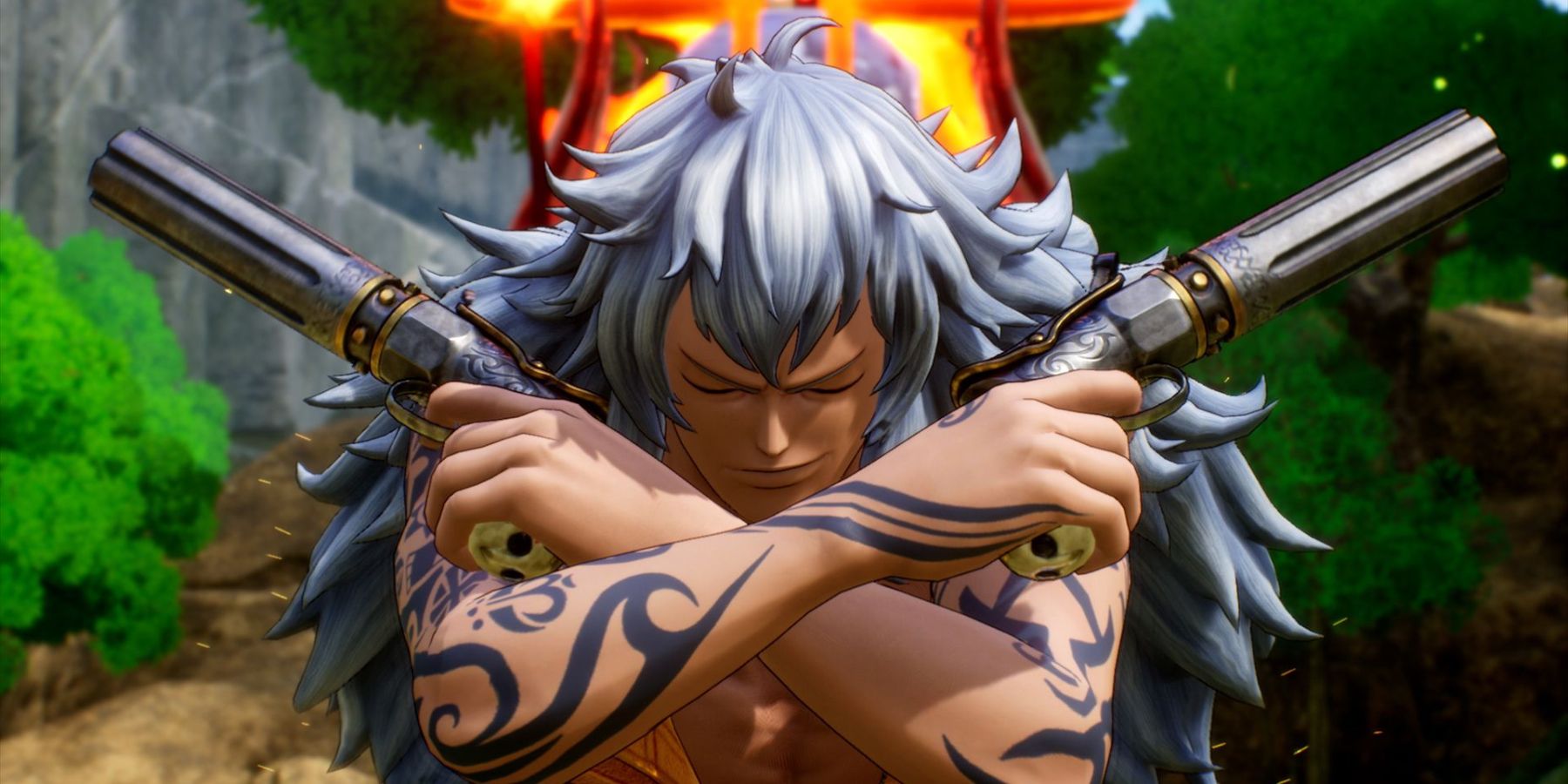 O novo personagem de One Piece, Adio, é visto segurando duas pistolas no peito com um inimigo explodindo atrás deles, visto acima de seu cabelo prateado.