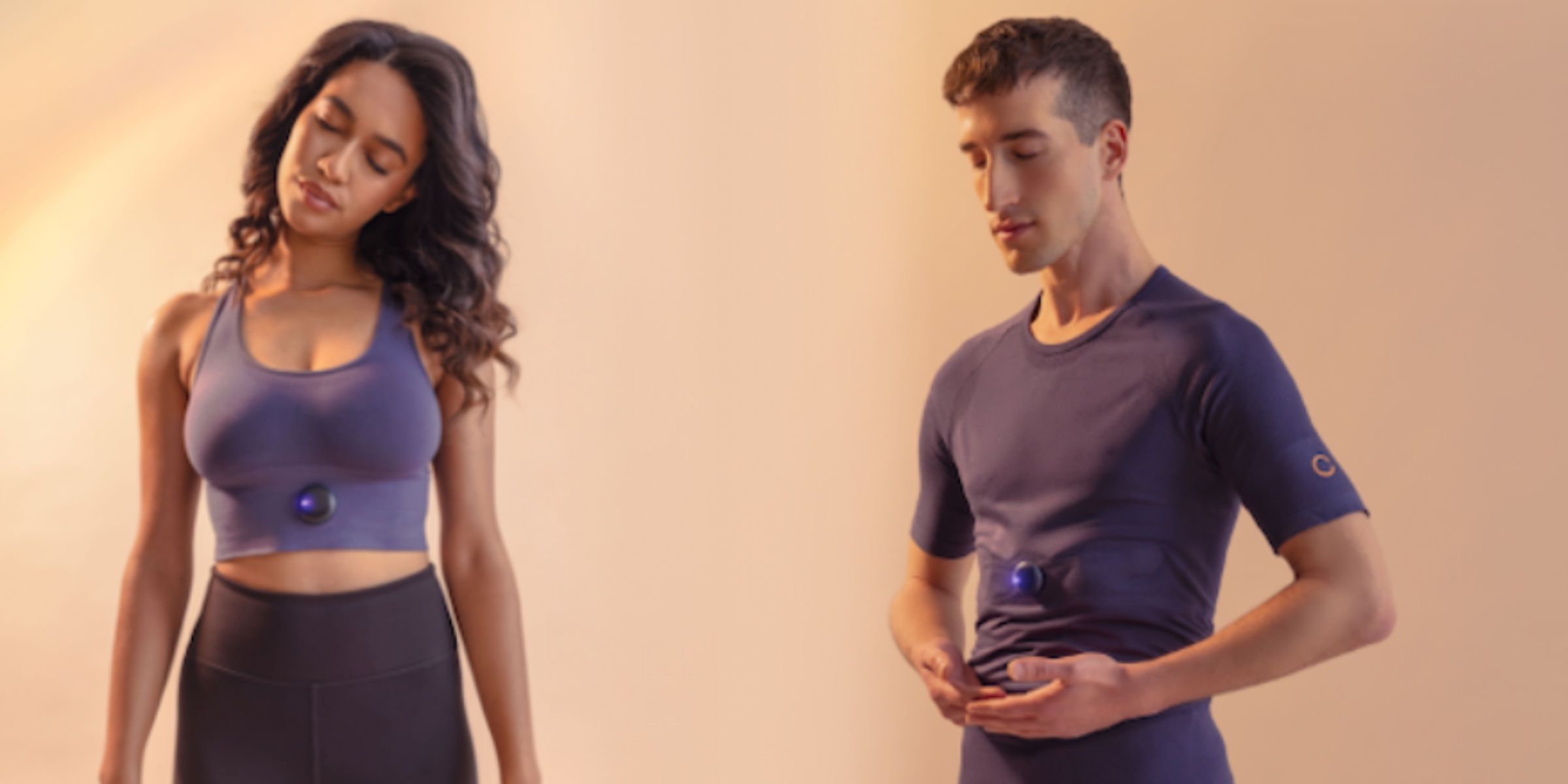 The Oxa Life Wearable sensor modeled on a man and woman wearing the accompanying shirt and sports bra.