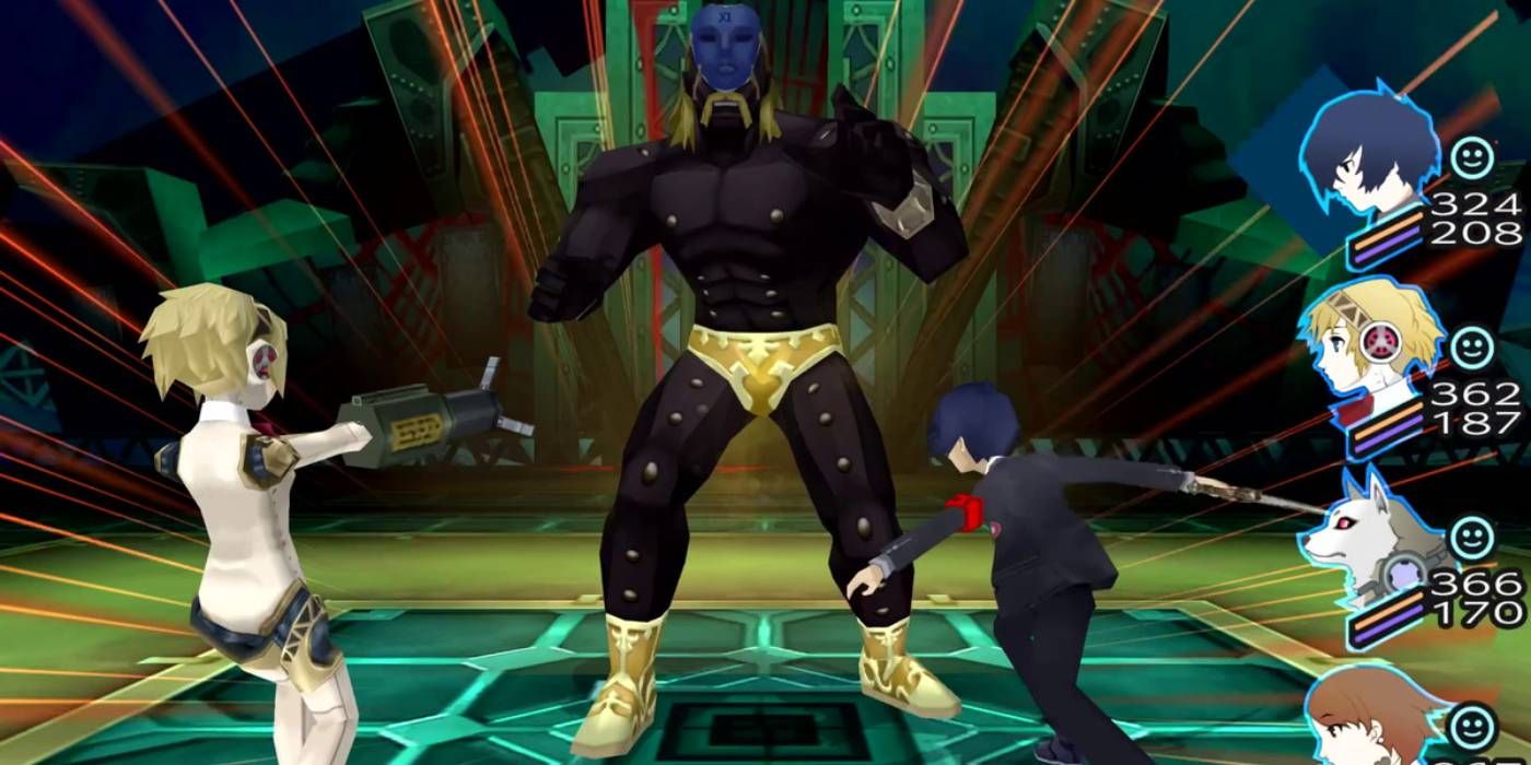 Combate portátil de Persona 3 contra Blue Masked Shadow con protagonista masculino y Aigis, HP y SP de otros miembros del grupo mostrados a la derecha