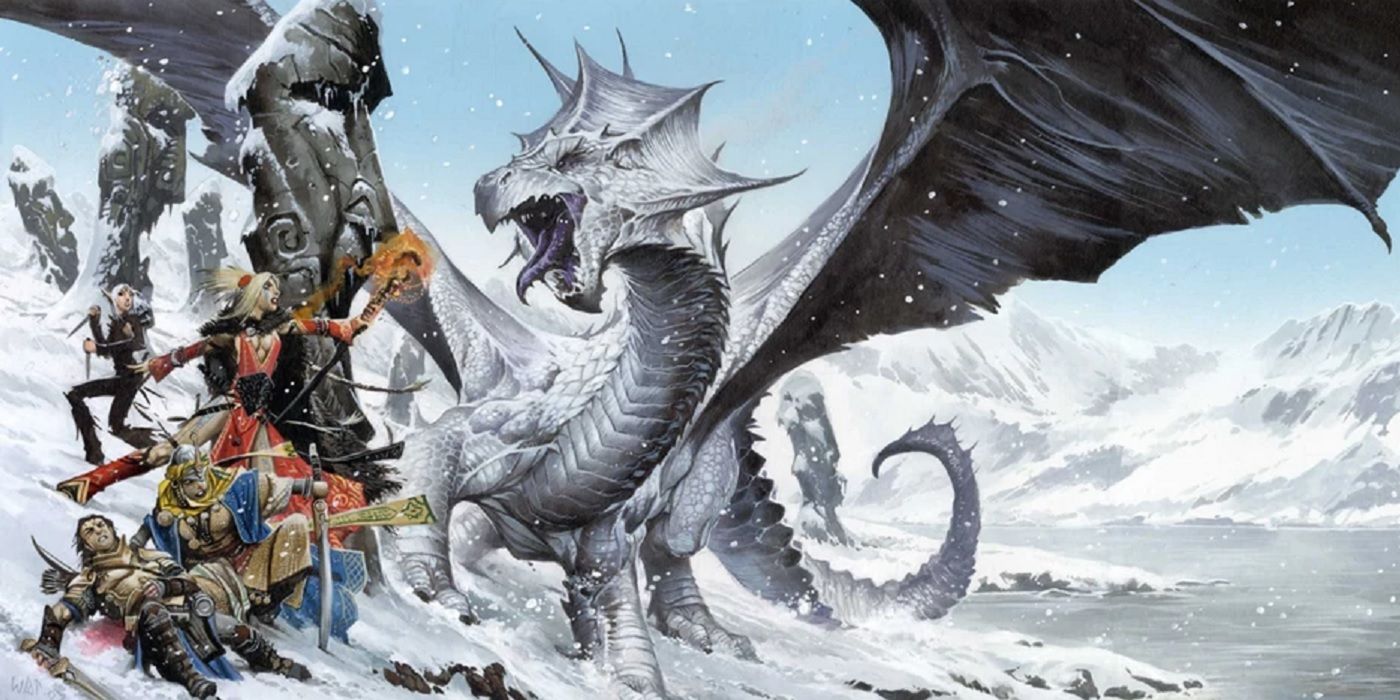 White dragon fighting adventurers artwork from Pathfinder Sins of the Savior