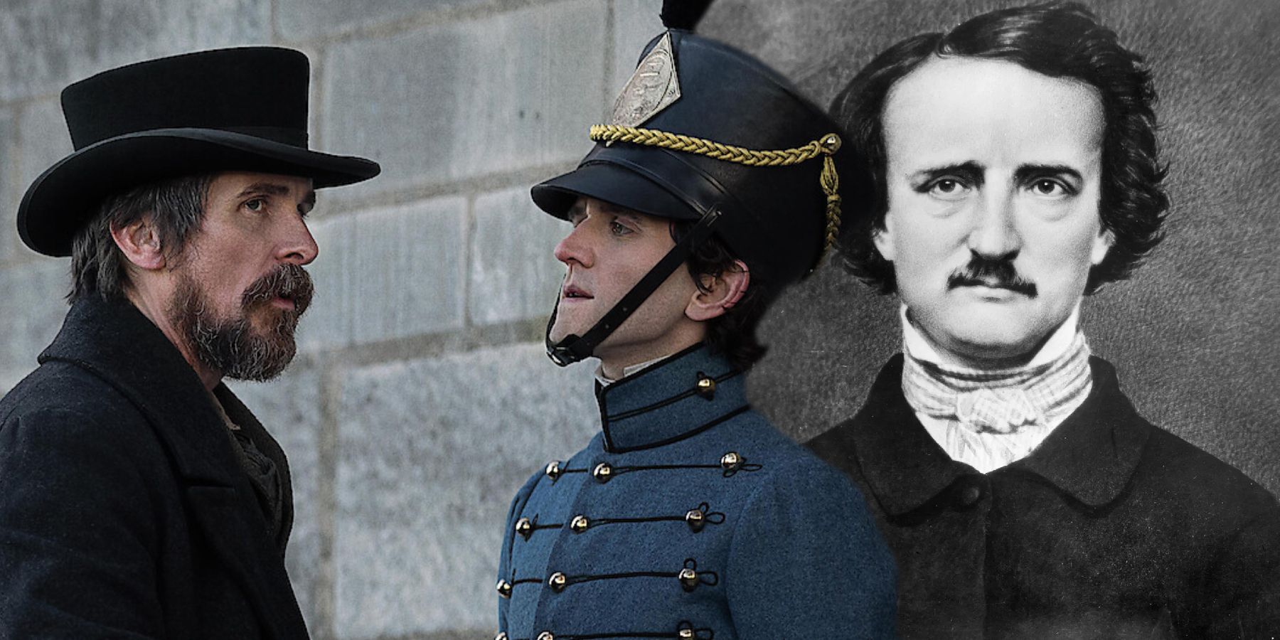 Christian Bale and Harry Melling in The Pale Blue Eye and Edgar Allan Poe
