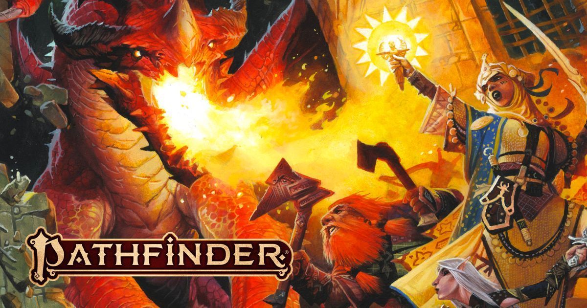 Pathfinder logo in the bottom left of an image with an adventuring party battling a firebreathing dragon.