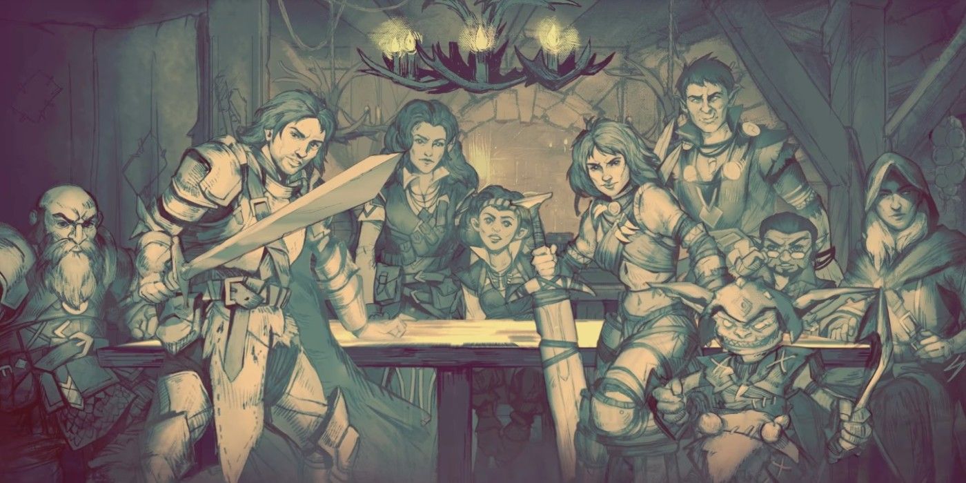 Captura de pantalla del tráiler de Pathfinder: Kingmaker Tavern Party, que muestra a la fiesta del juego reunida alrededor de una mesa en una taberna.
