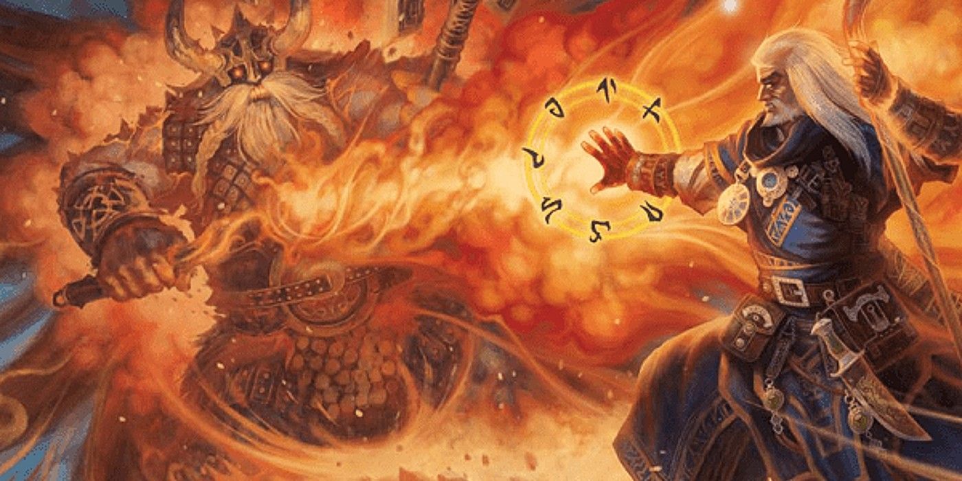 A wizard using a flaming spell in Pathfinder