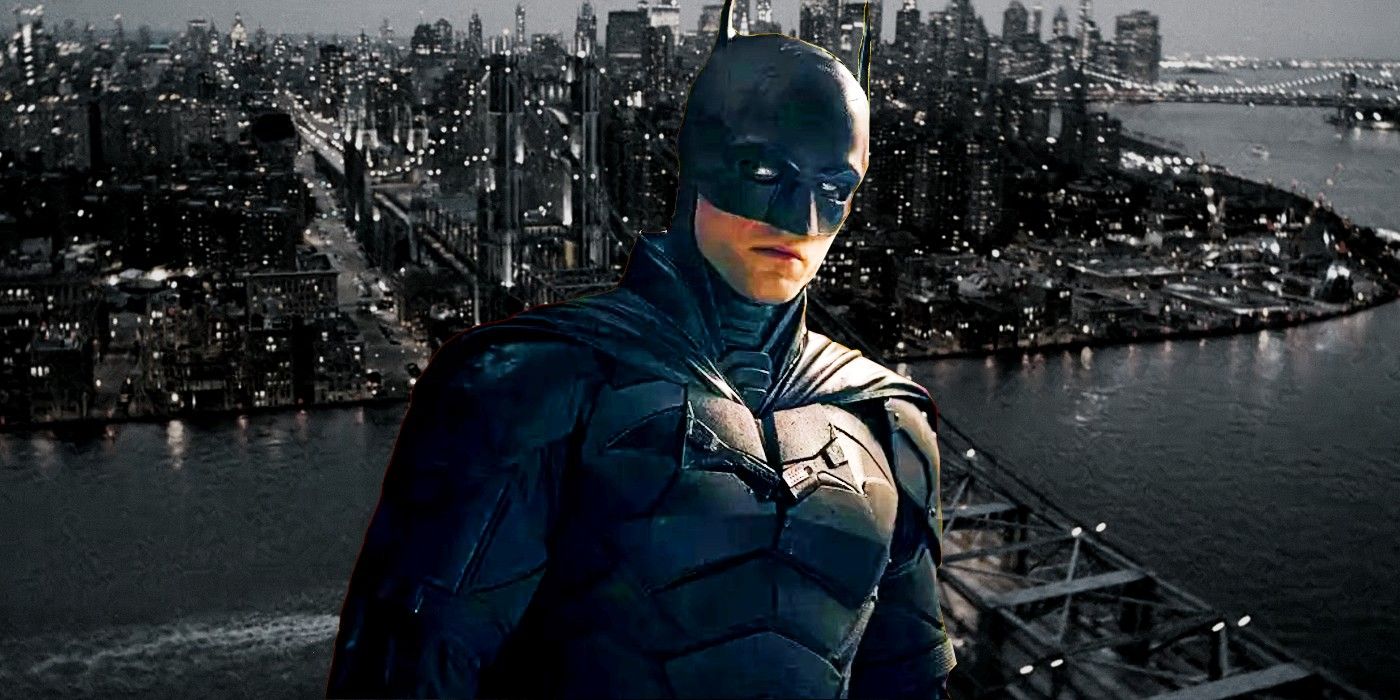 Pattinson Batman in front of The Dark Knight Gotham