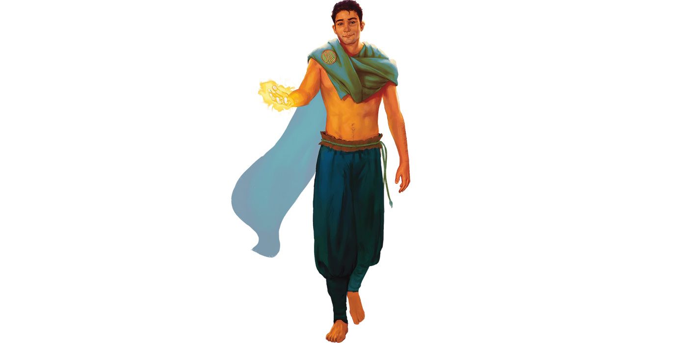 A man dressed only in trousers and a cape walks forwards, one hand outstretched and glowing with holy power.