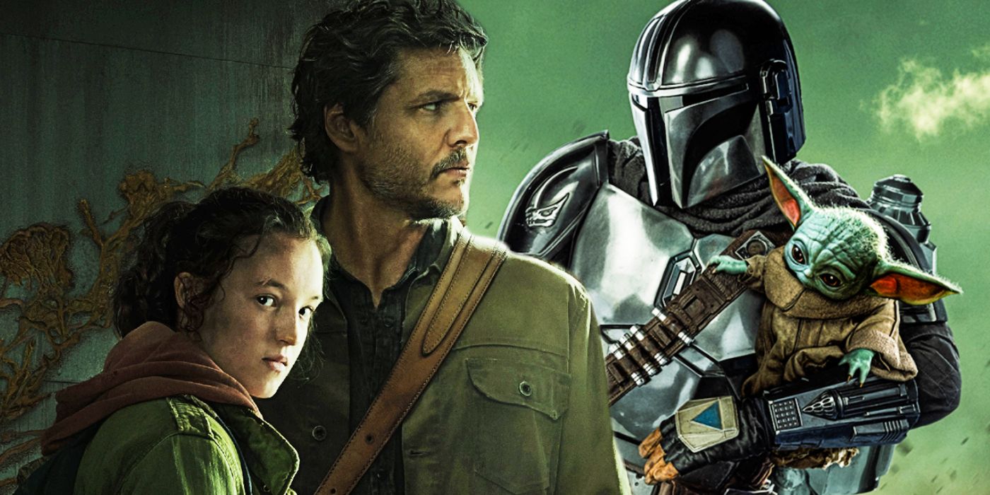 Pedro Pascal in The Last Of Us and Mandalorian season 3 with Bella Ramsey's Ellie and Grogu