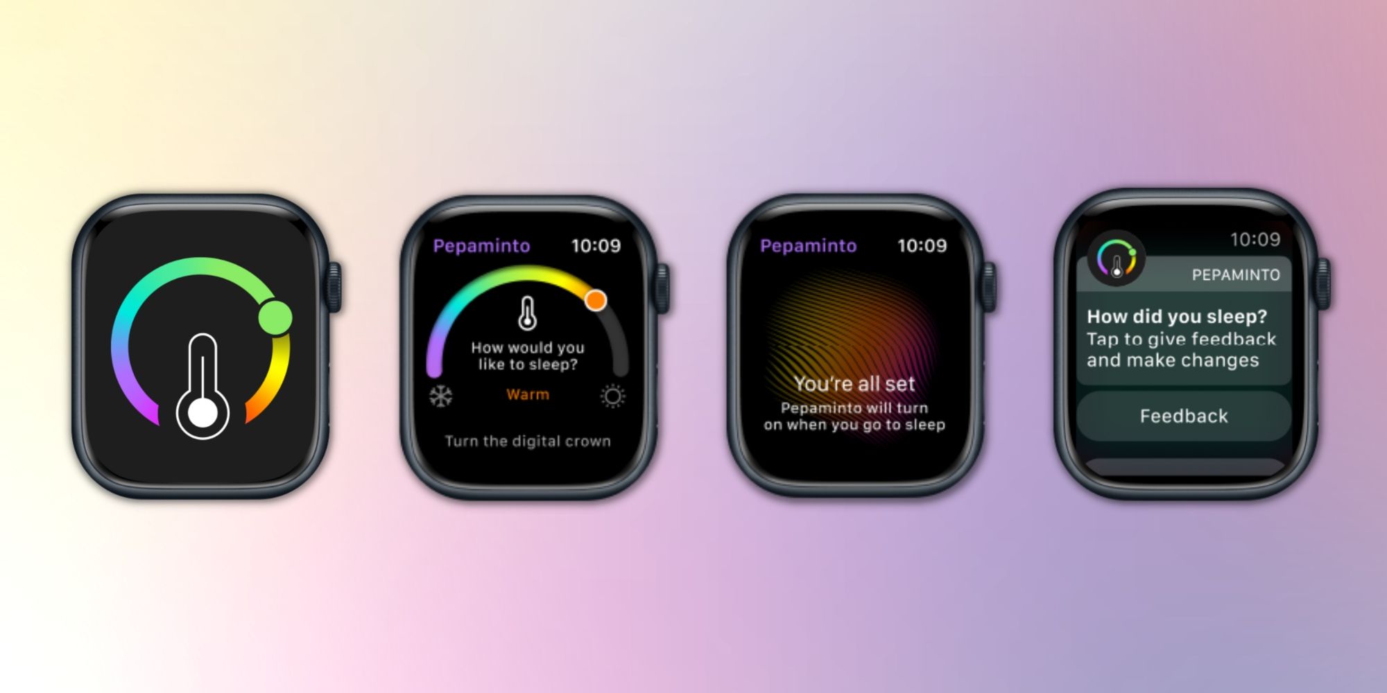 A screenshot of Pepaminto's smart top interface on Apple Watch with a colorful background